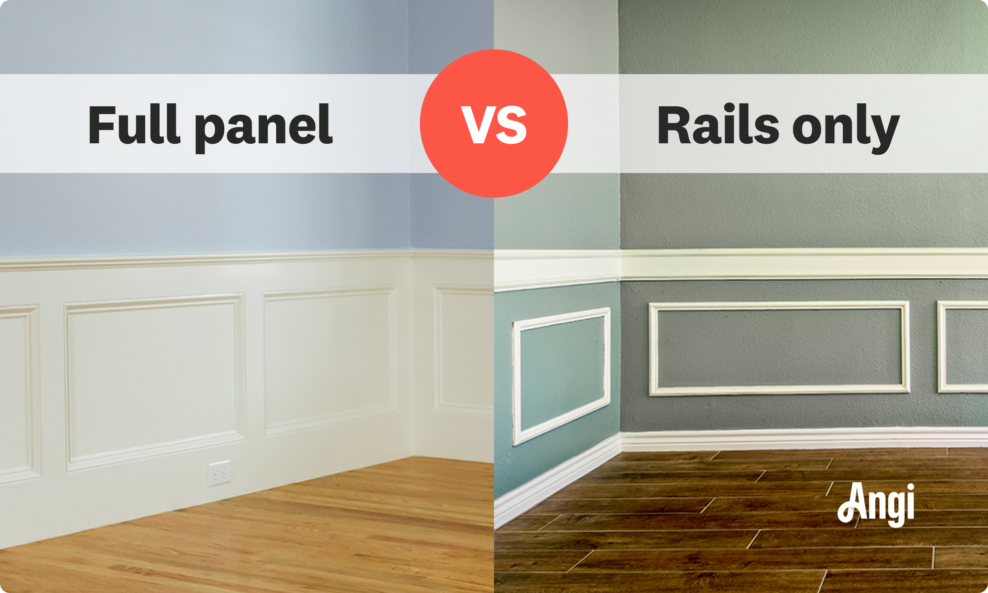 Full panel versus painted rails wainscoting visual comparison