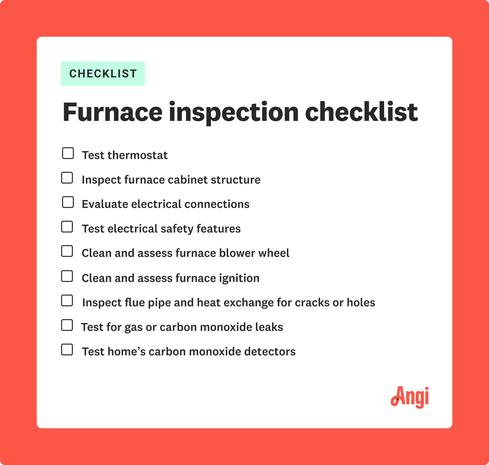 A list of items included in a furnace inspection