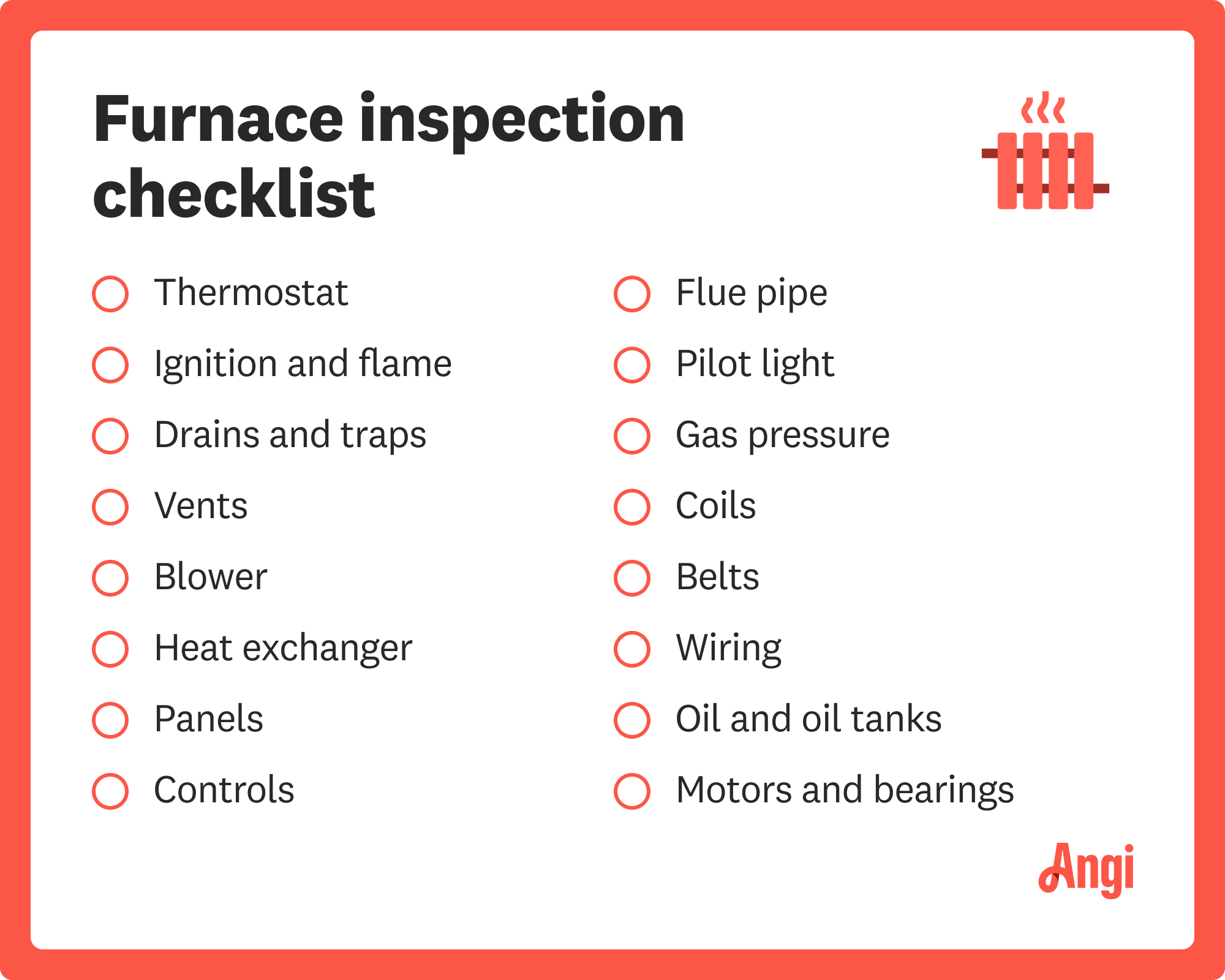 Furnace inspection checklist, including vents, coils, and wiring