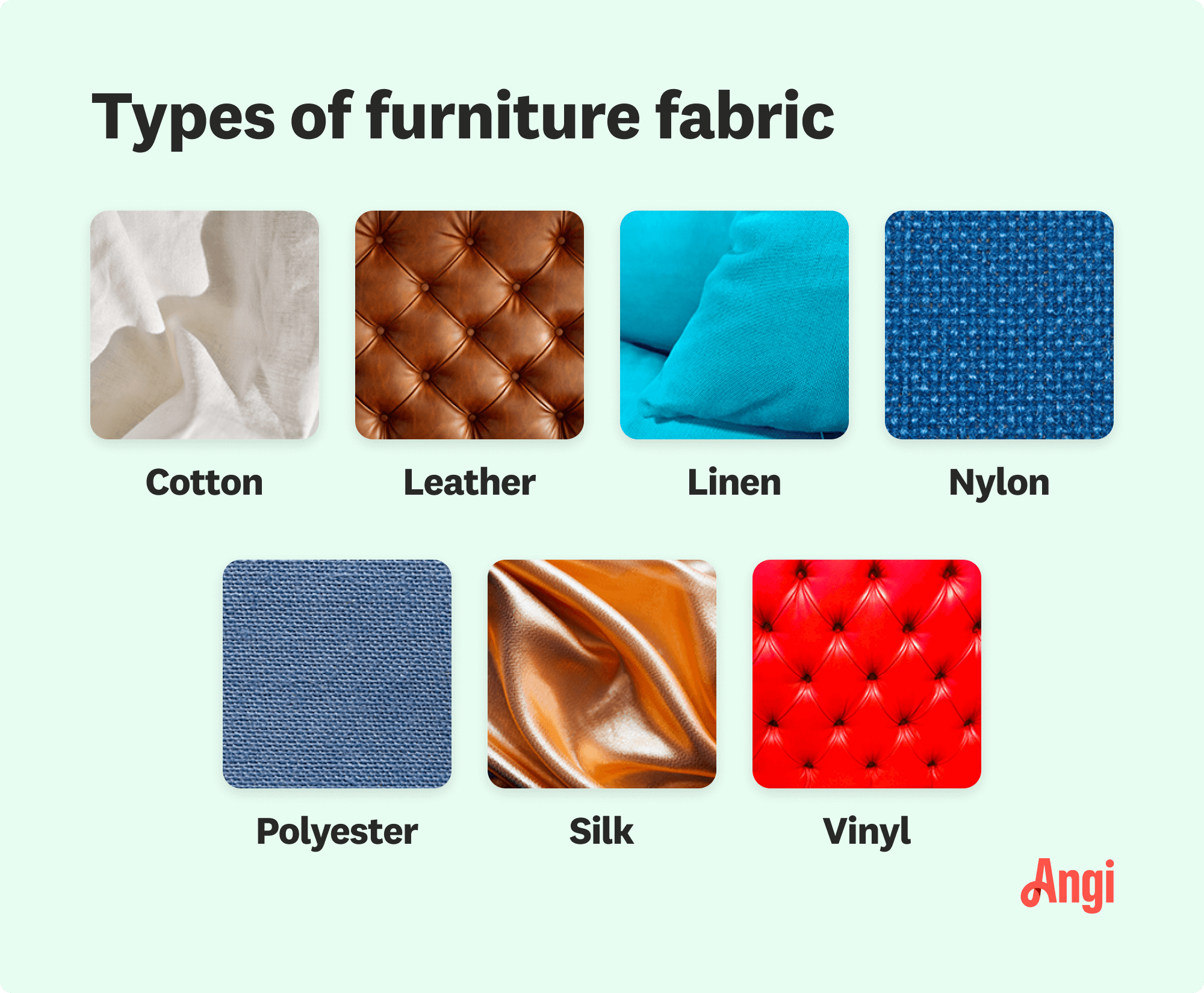 7 furniture fabric types compared visually, including cotton, linen and silk