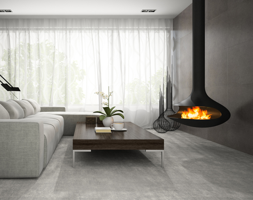 black pod fireplace hanging from ceiling in living room
