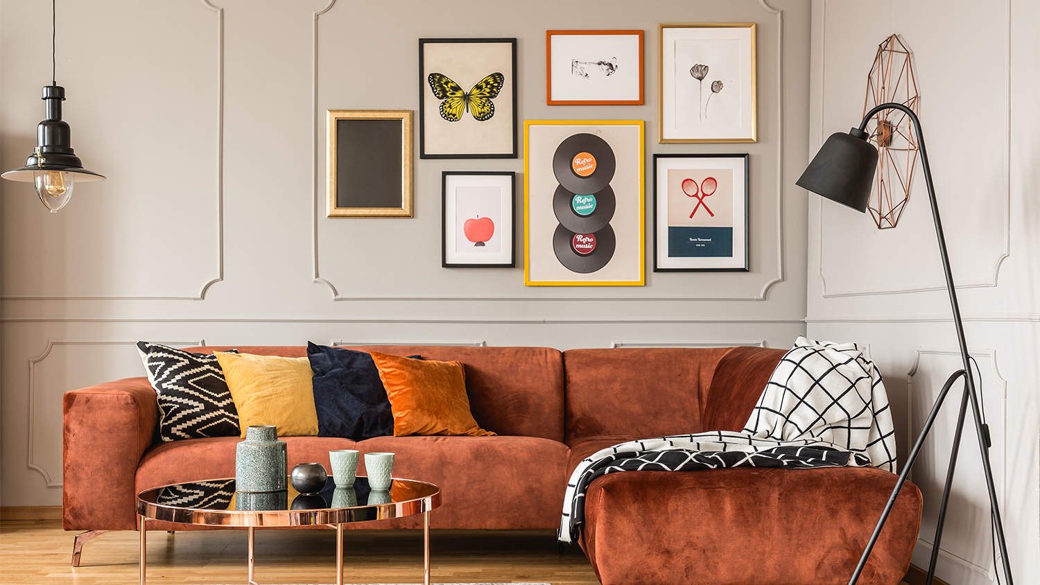 colorful gallery wall in living room