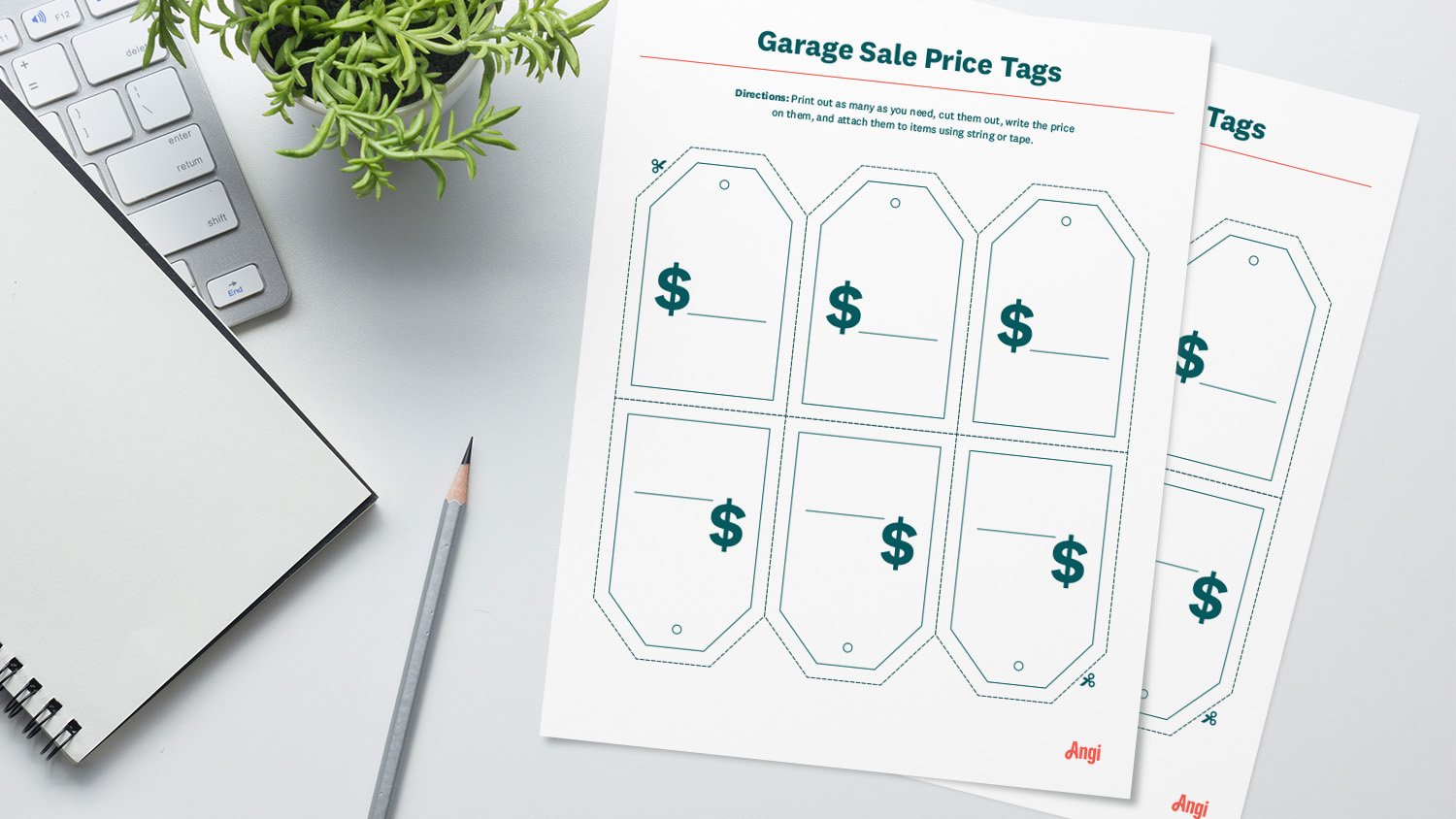 garage sale price tag prints on desk with pencil and plant