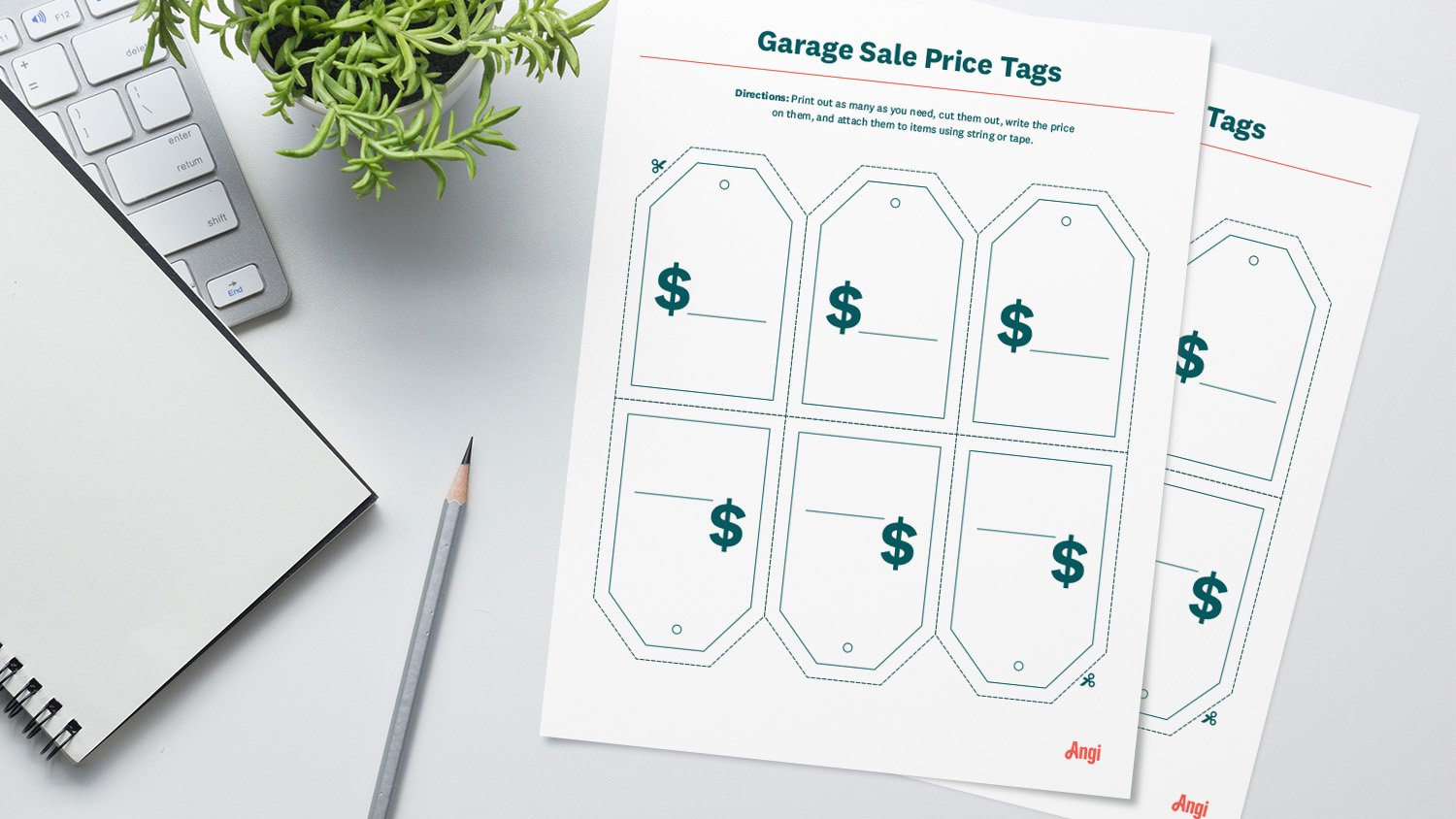 garage sale price tag prints on desk with pencil and plant  