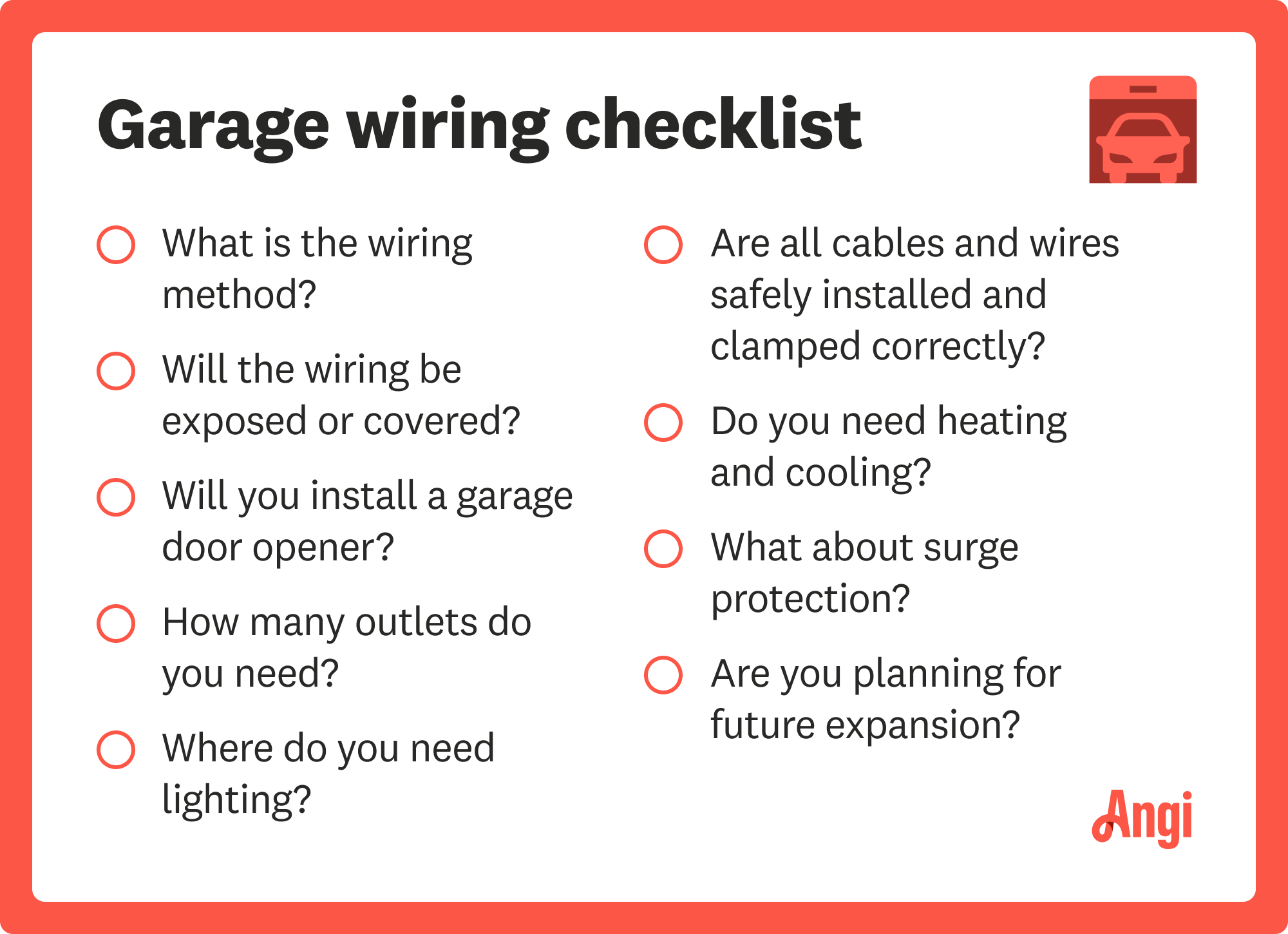 Garage wiring checklist questions, including asking if you will install a garage door opener and where do you need lighting