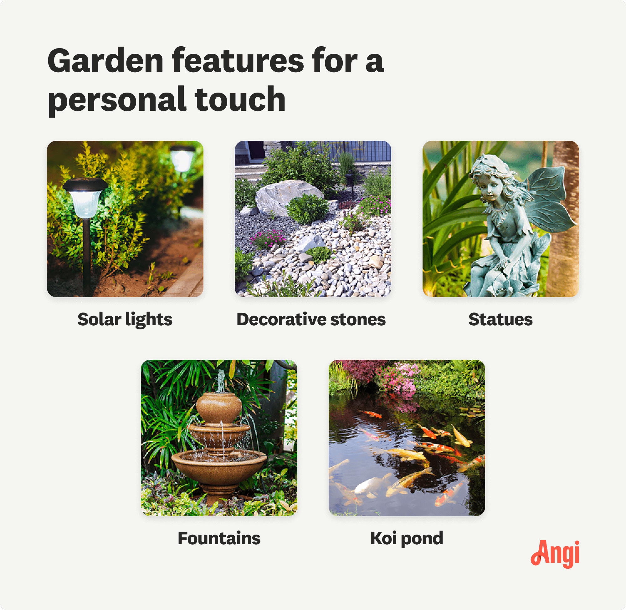 5 garden features for a personal touch compared visually, including solar lights, statues, and fountains