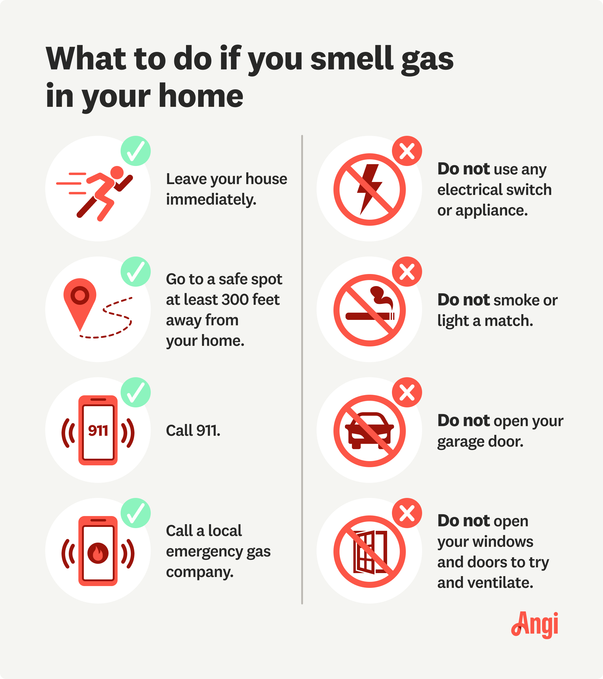 What to do and not to do if you smell gas in your home, including leaving your house immediately