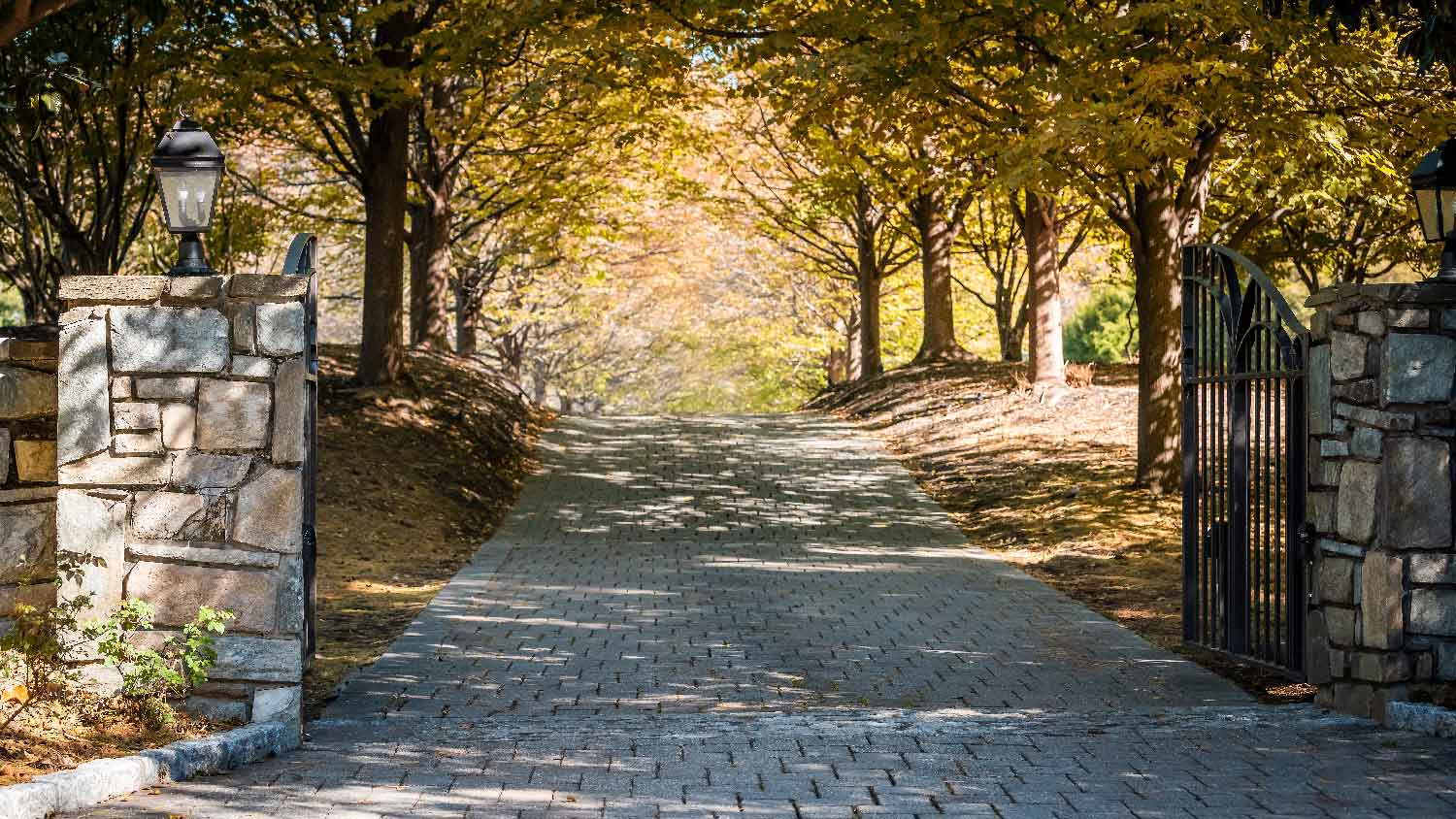 A gated entrance with a cobblestone driveway