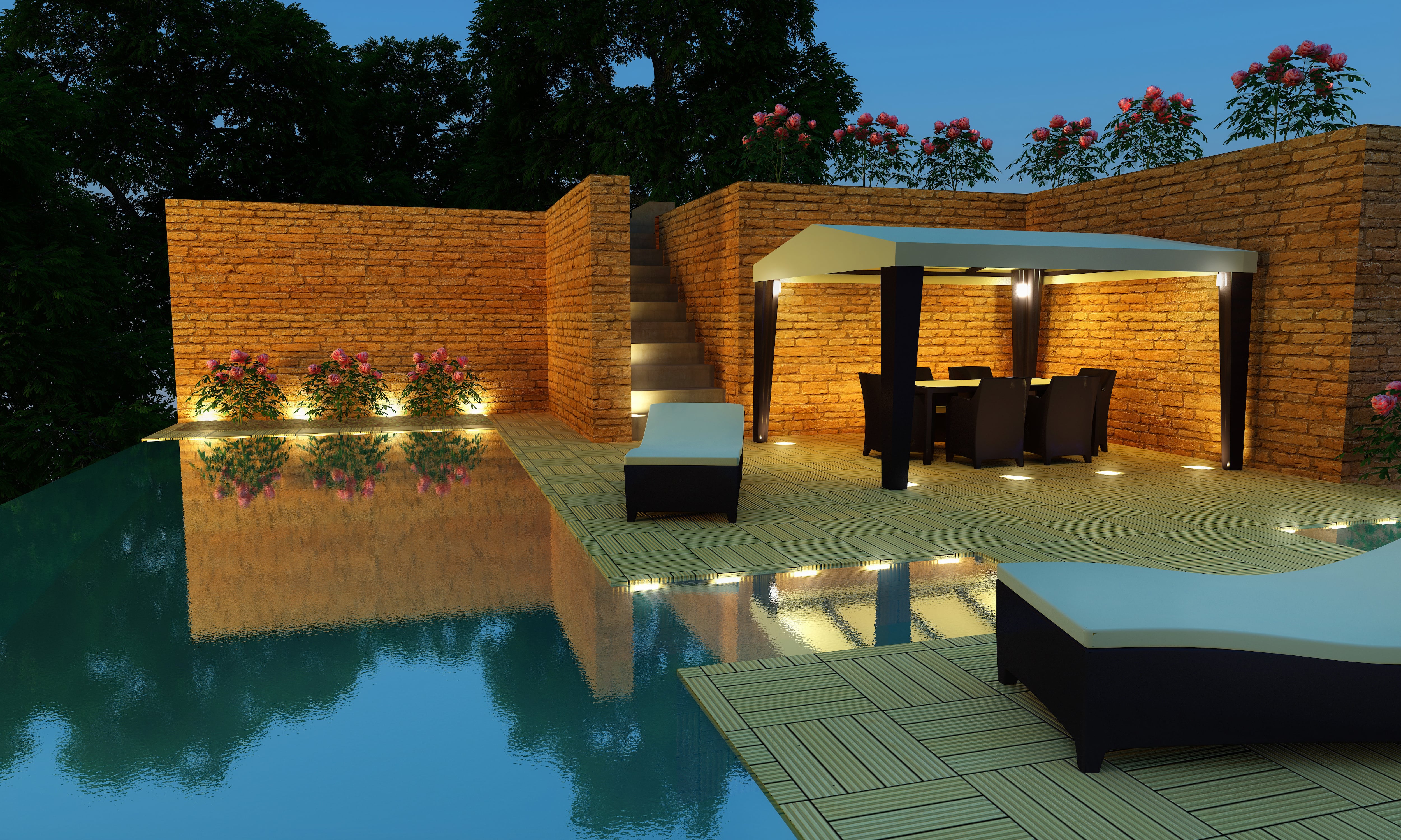 Modern gazebo next to swimming pool