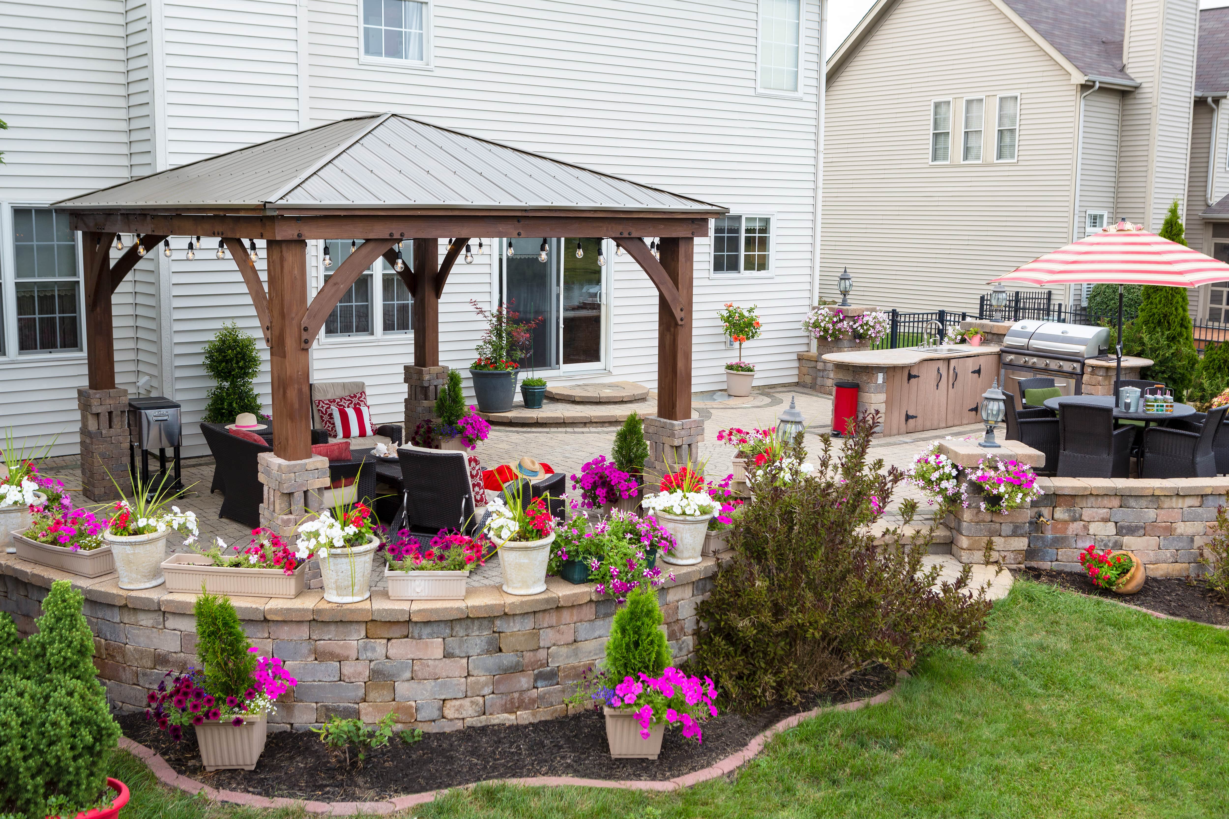 Metal roof gazebo in backyard