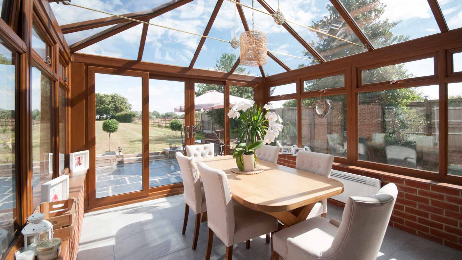 A general interior view of a wooden sunroom
