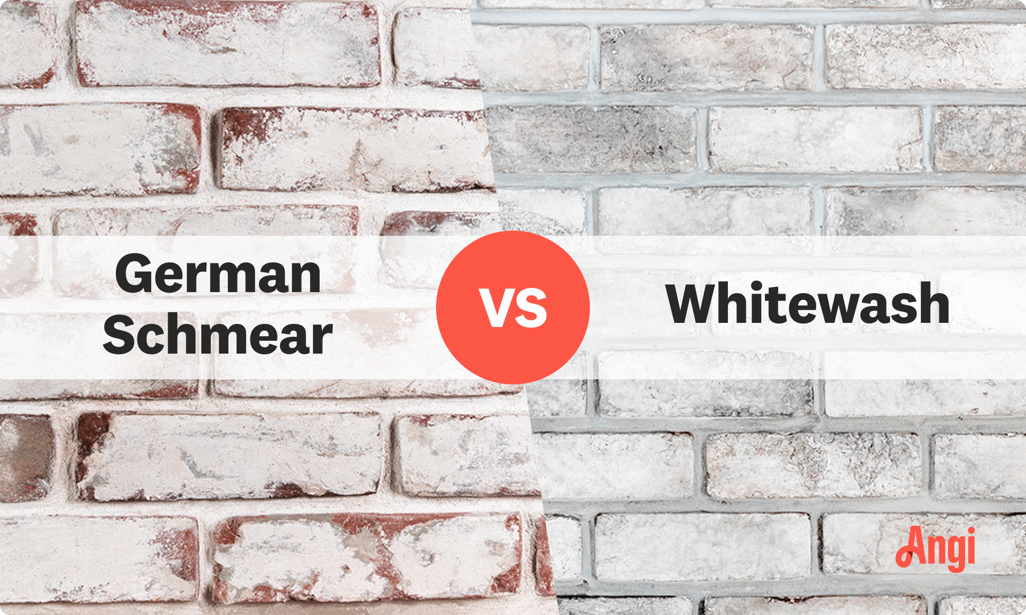 Visual comparison between German schmear versus whitewash brick, with German schmear having a distressed look using mortar instead of paint