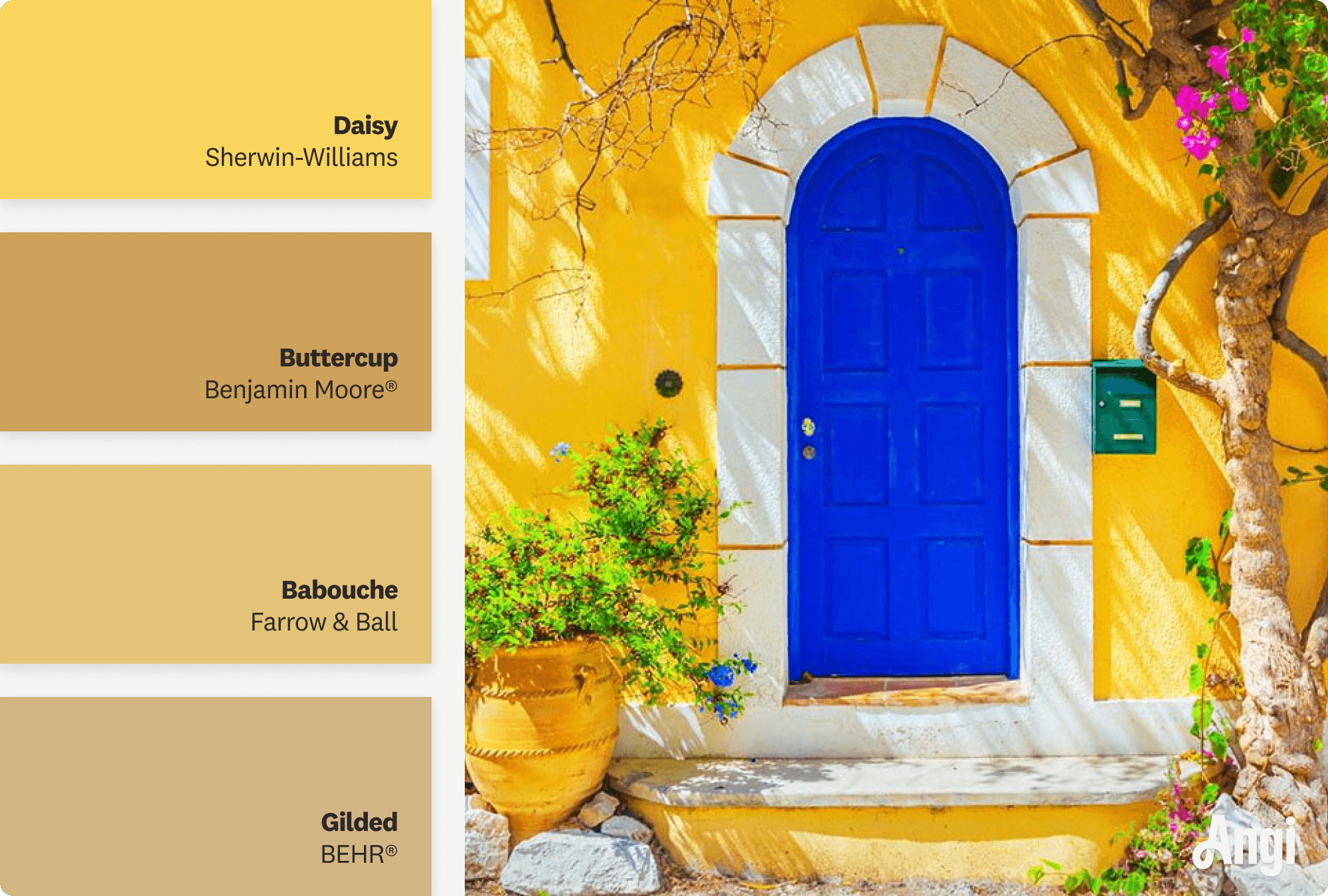 A golden yellow house with a blue front door, including different tones of golden yellow paint