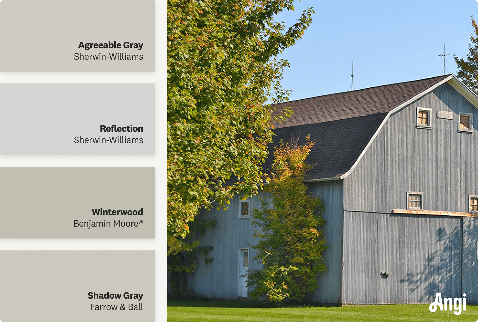 Barndominium painted in gray, including different tones of gray paint