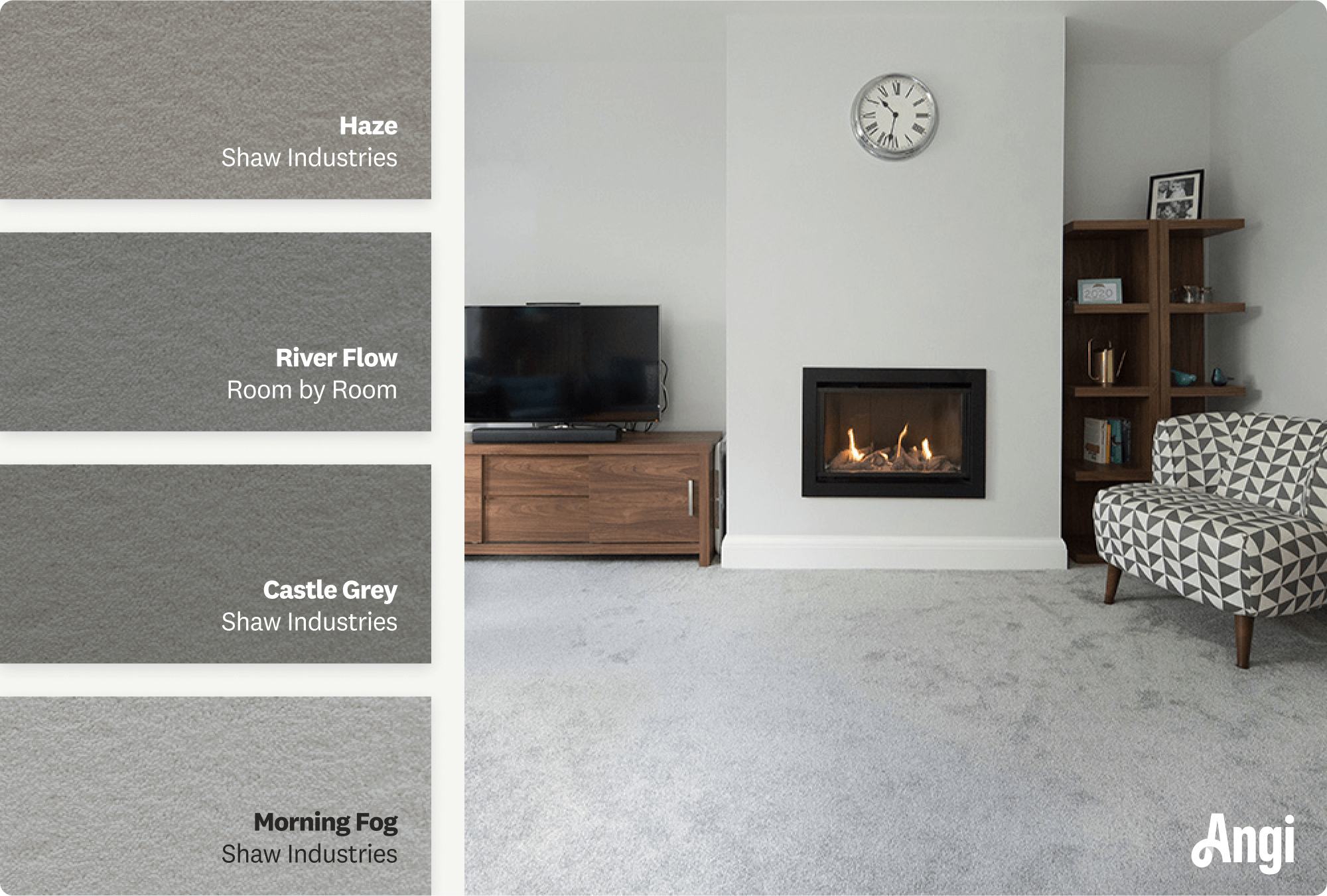 4 gray carpet colors compared, with an example of a living room with a cozy burning fireplace with gray carpet