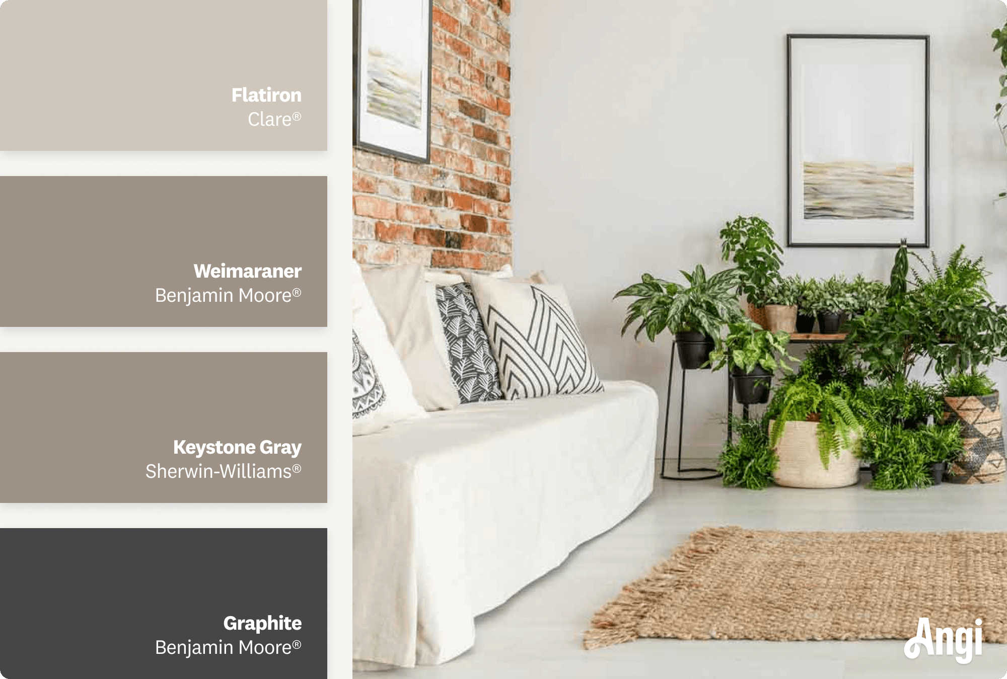 A living room with a gray painted wall, including different tones of gray paint