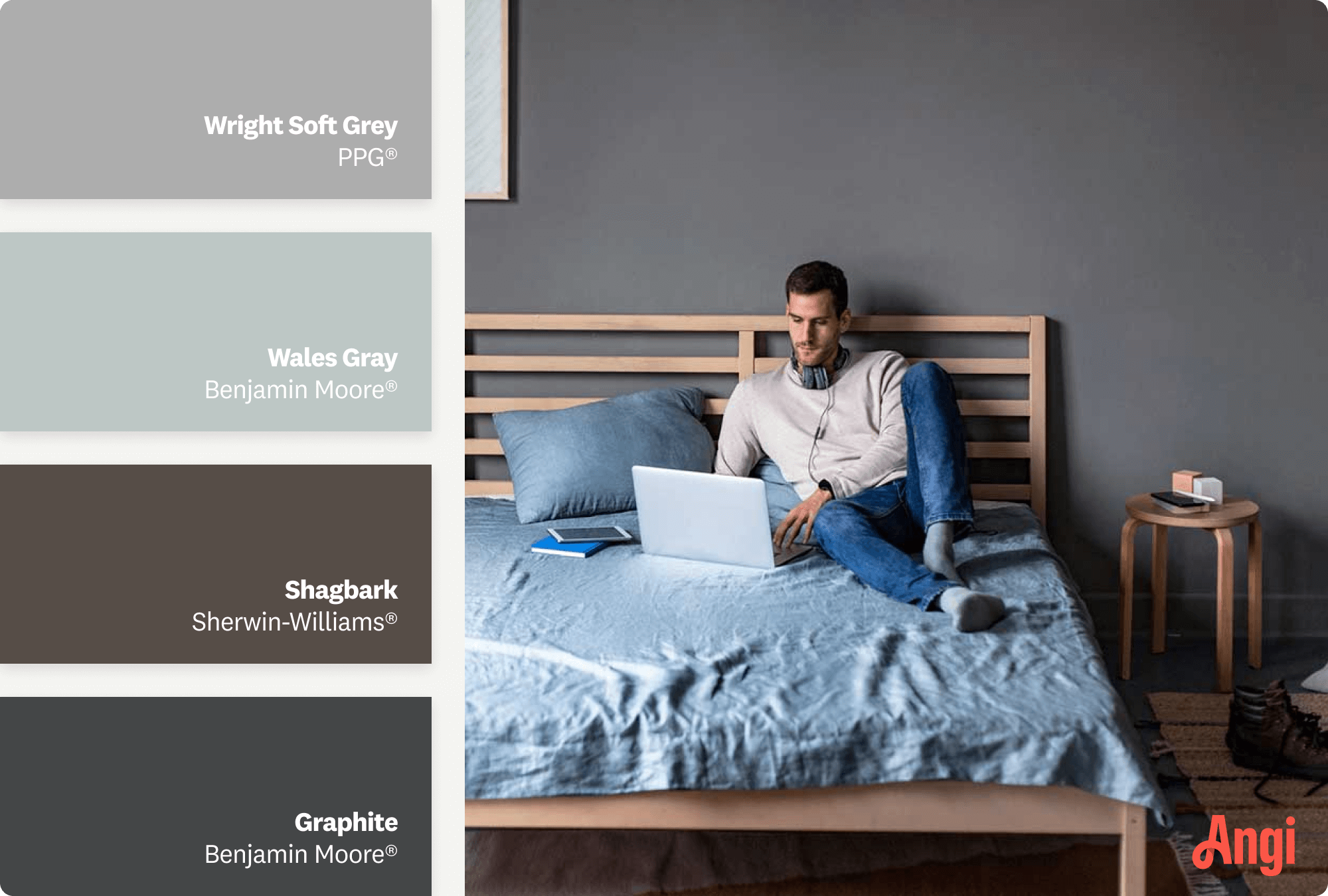 Young man sitting in his gray bedroom, including different tones of gray paint