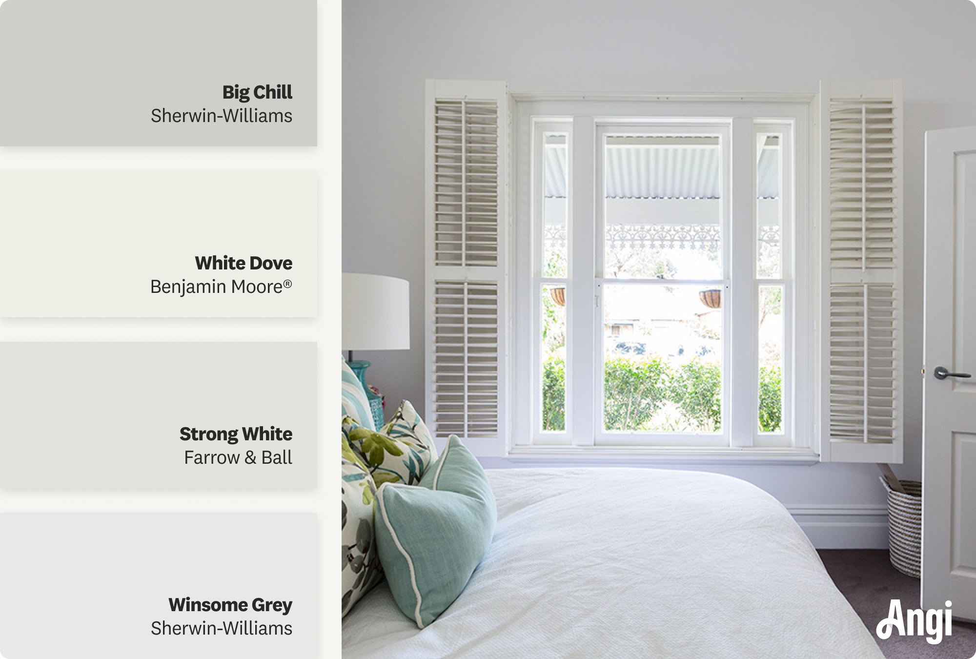 Bedroom with gray-white walls and white trim, including different tones of gray-white paint