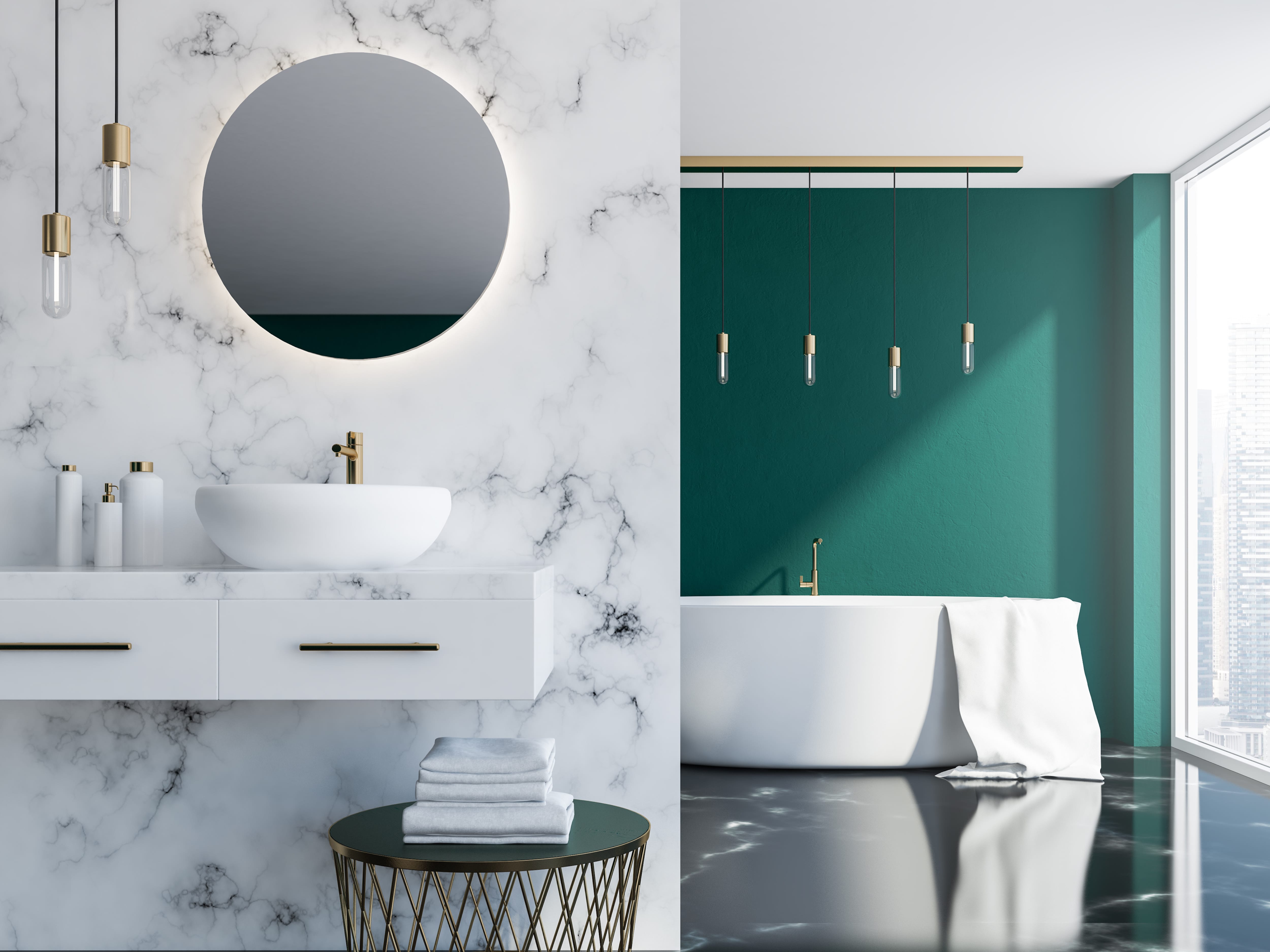 Emerald green accent wall and marble tile in bathroom