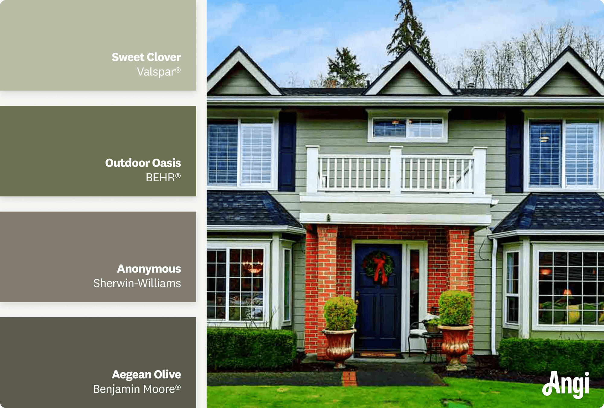 Green colonial house, including different tones of green paint