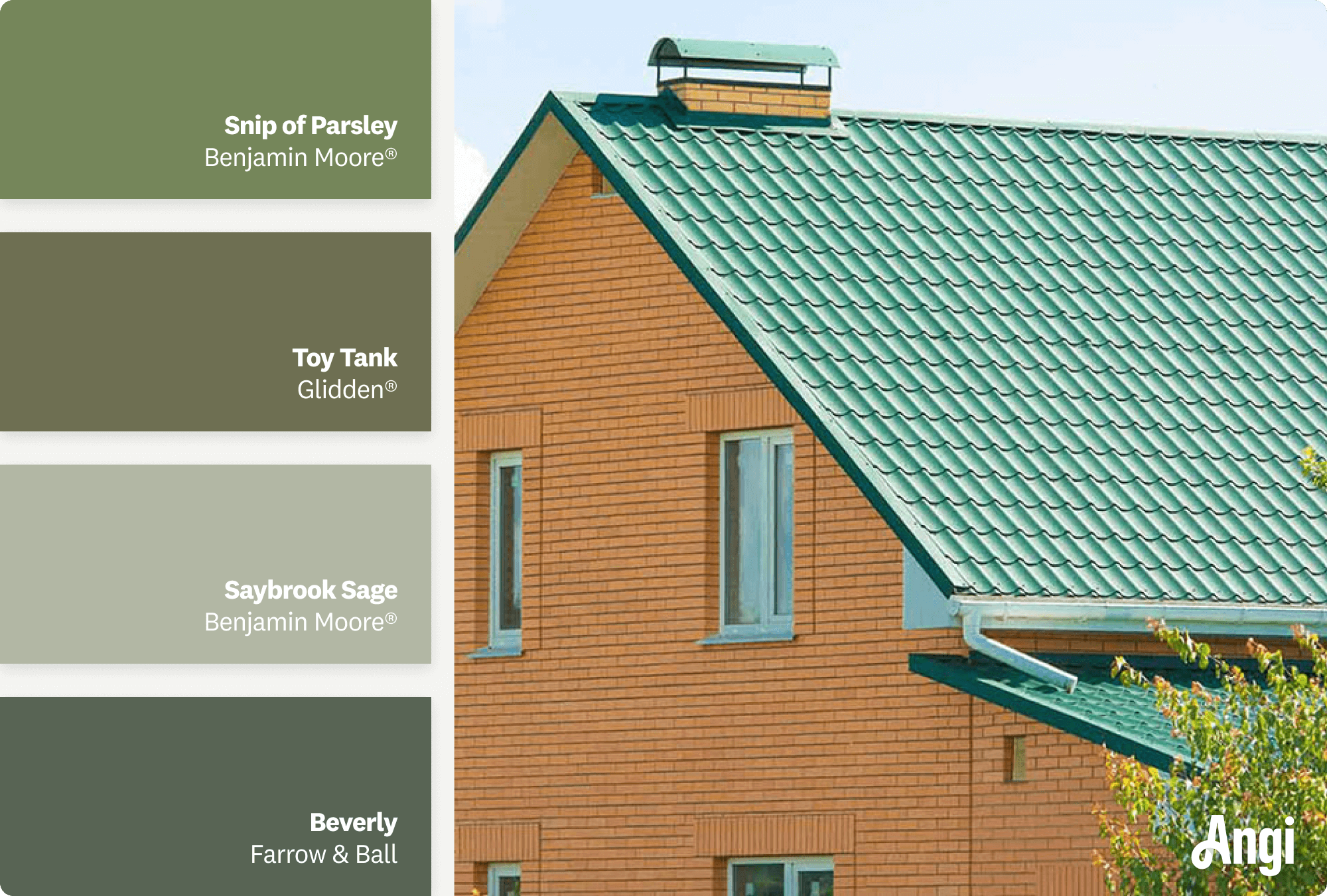 Closeup of a brick house with green metal roof, including different tones of green paint