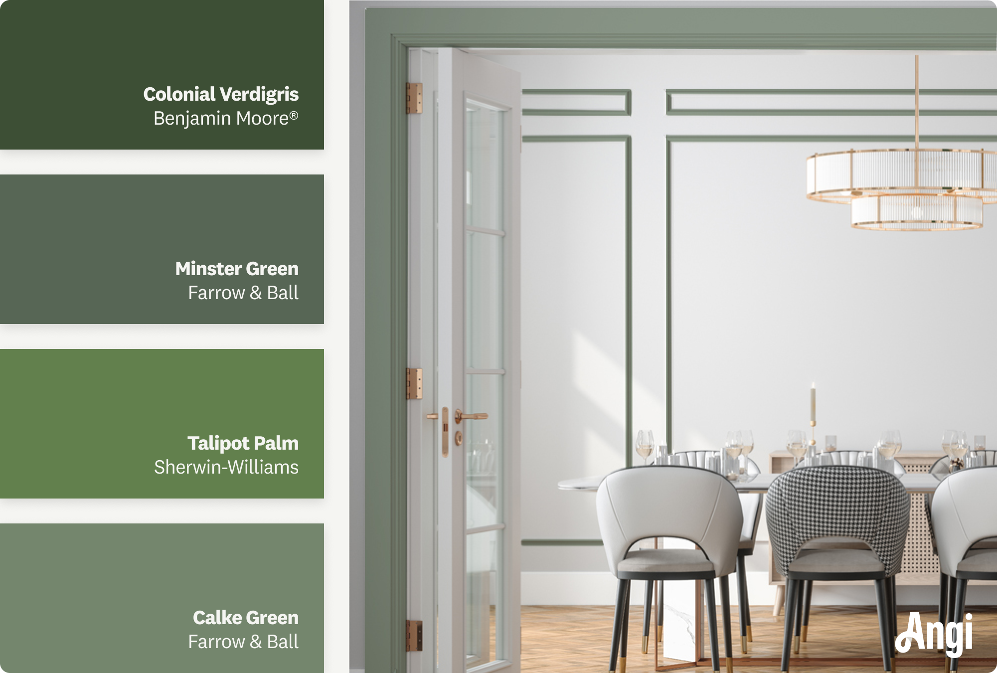 Green trim with white walls, including different tones of green paints