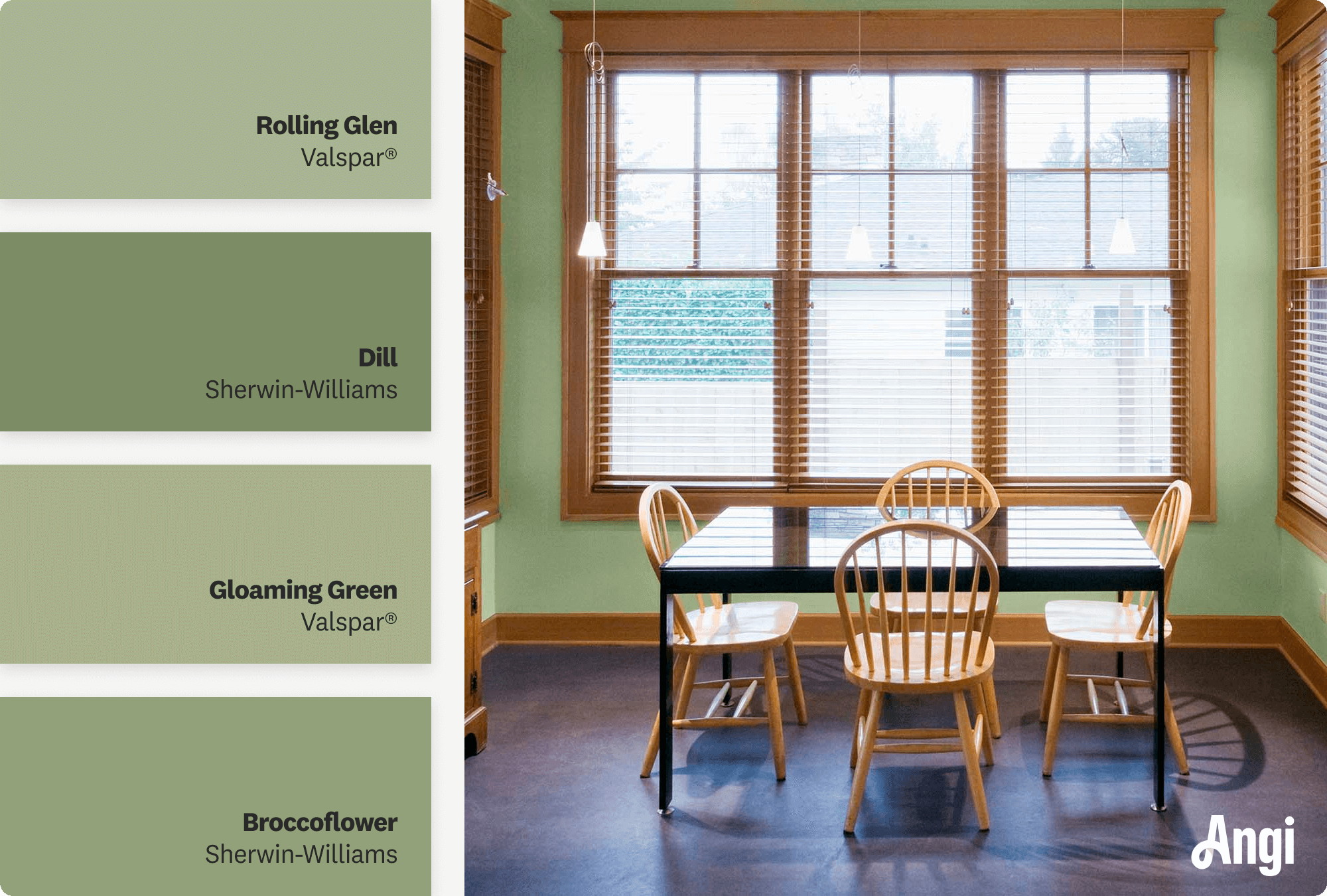 A dining room with green walls and pine trim, including different tones of green paints