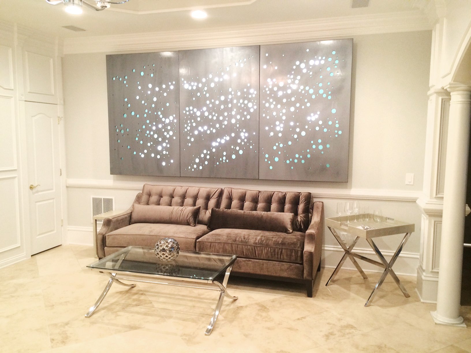 remodeled basement with wall art