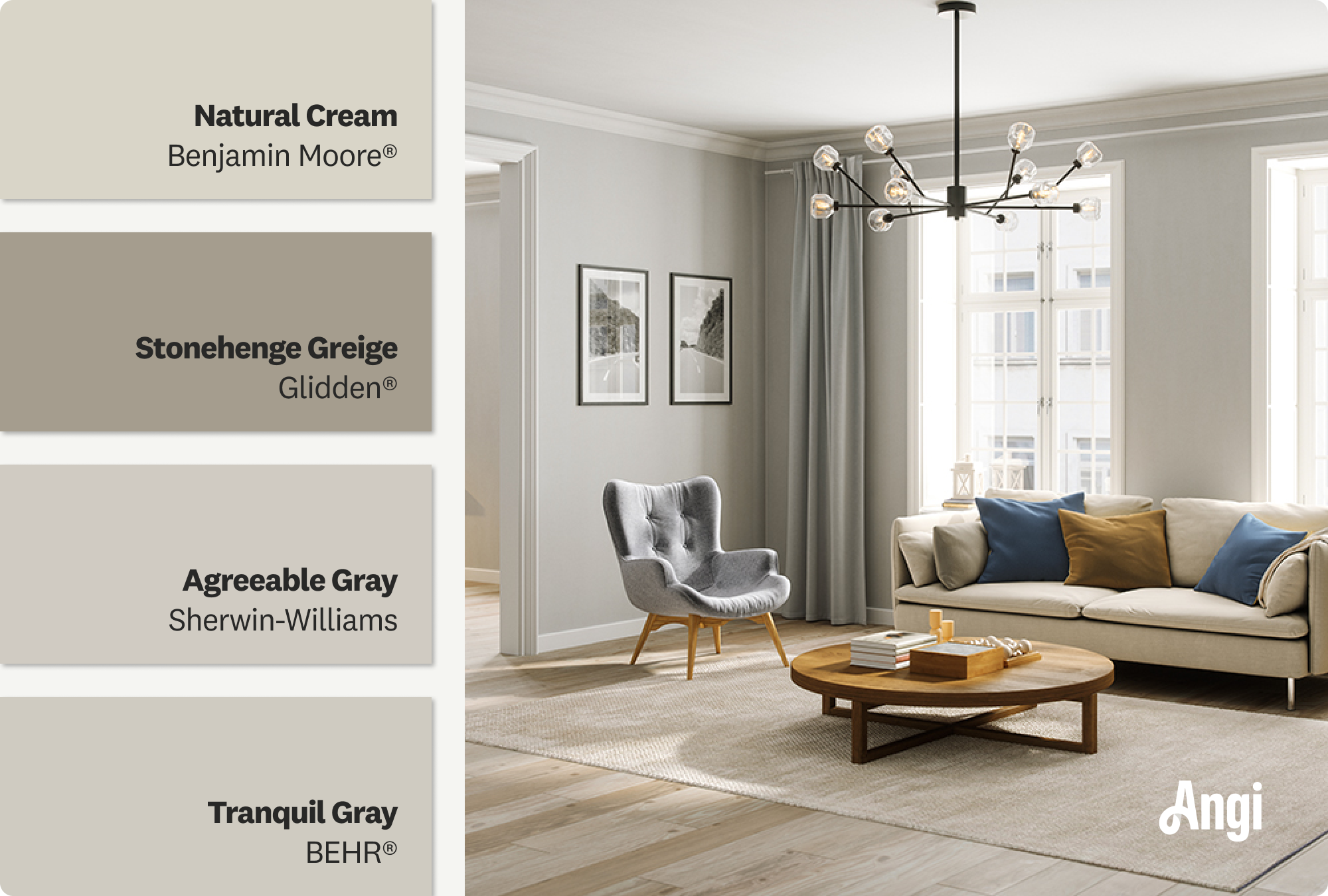 A living room features a cozy sofa, minimalist decor, and soft, neutral tones, including greige paint swatches