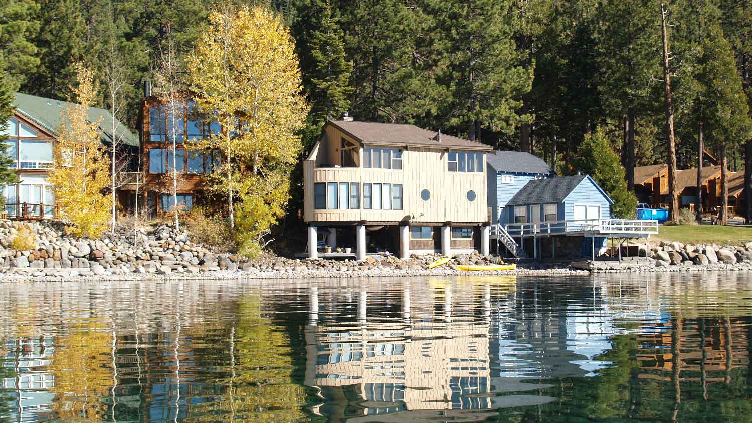 Group of lake houses with a rip rap structure