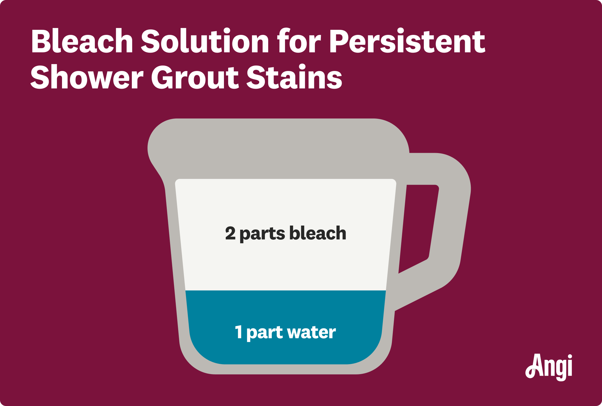 Bleach solution for persistent shower grout stains illustrated, including 2 parts bleach and 1 part water