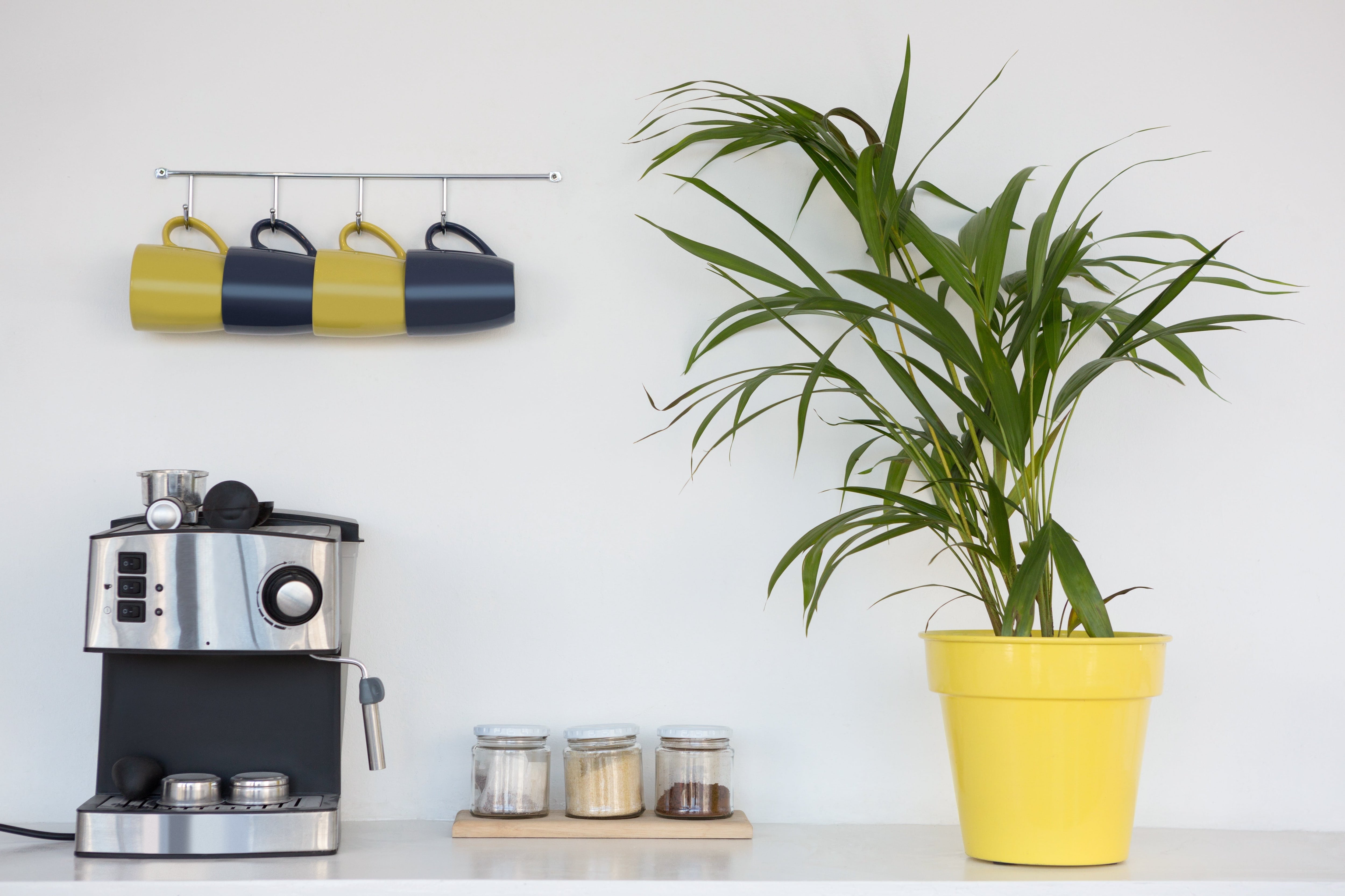 Coffee mugs hanging above espresso machine