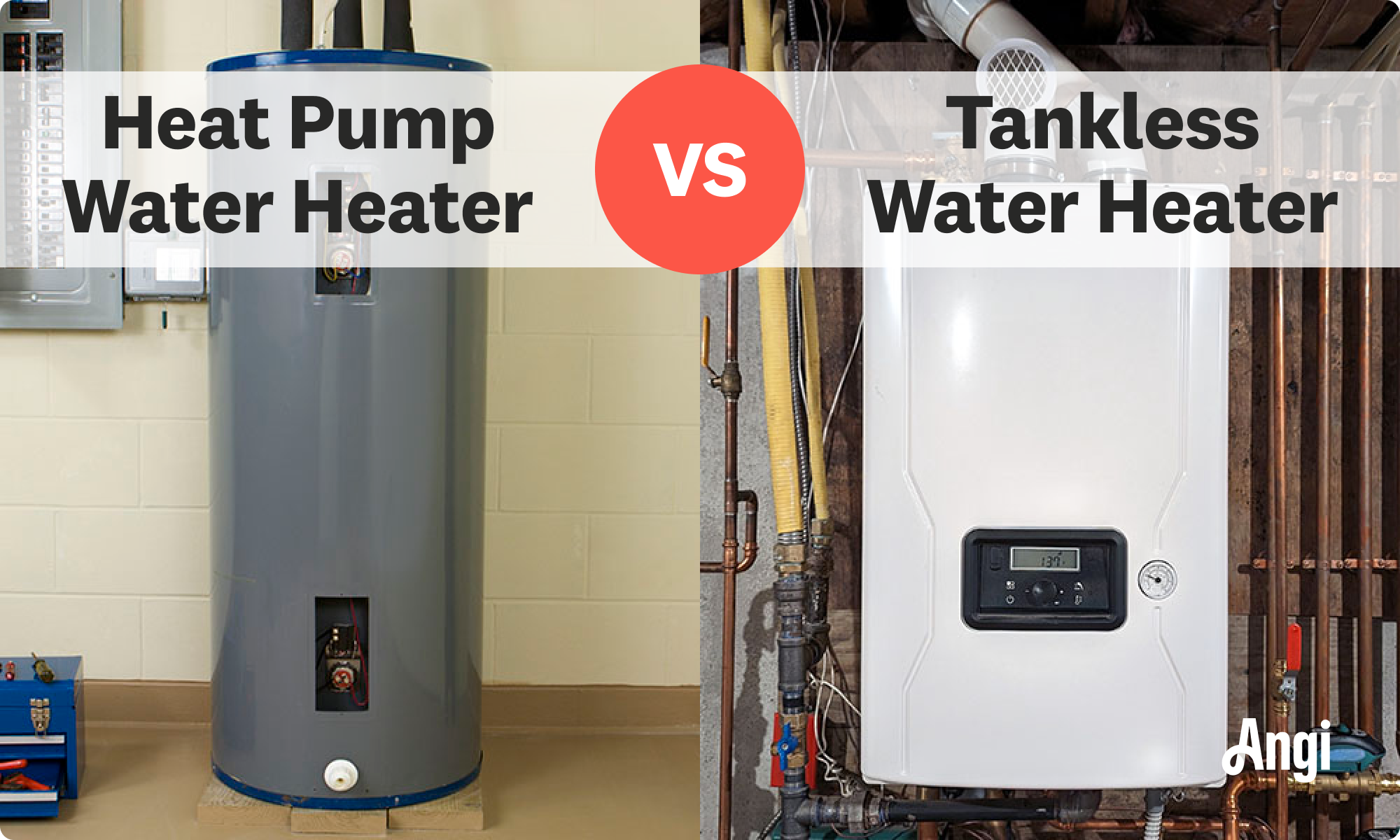 Heat pump water heater versus tankless water heater visual comparison
