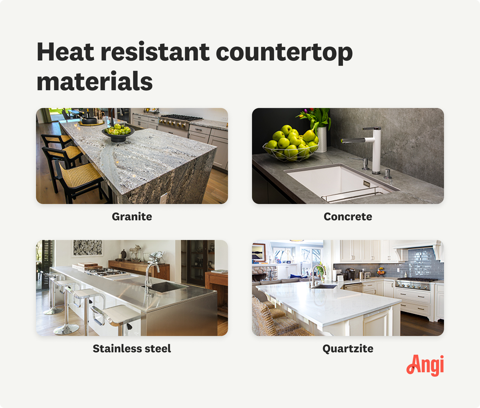 4 heat resistant countertop materials compared visually, including granite, concrete, stainless steel, and quartzite