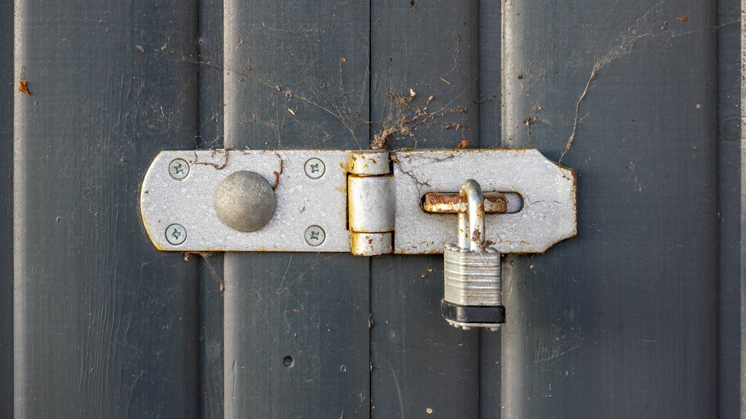 text:Old padlock, parts covered with rust, on gray wood fence  