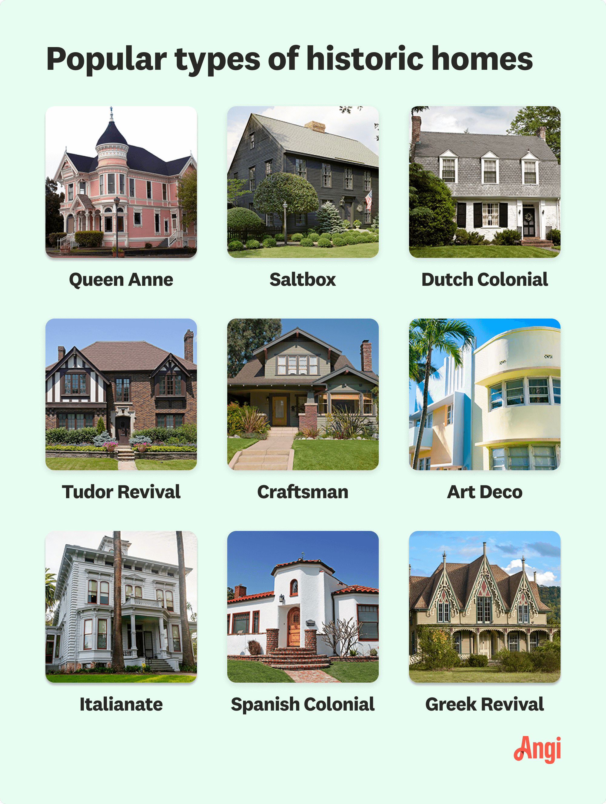 9 historic home types compared visually, including Saltbox, Tudor Revival, and Spanish Colonial