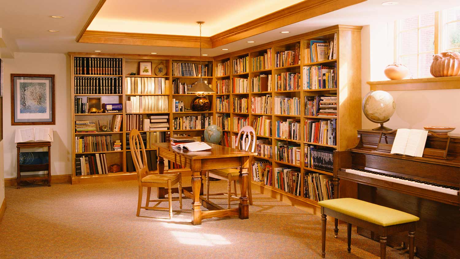 home basement library shelves of book