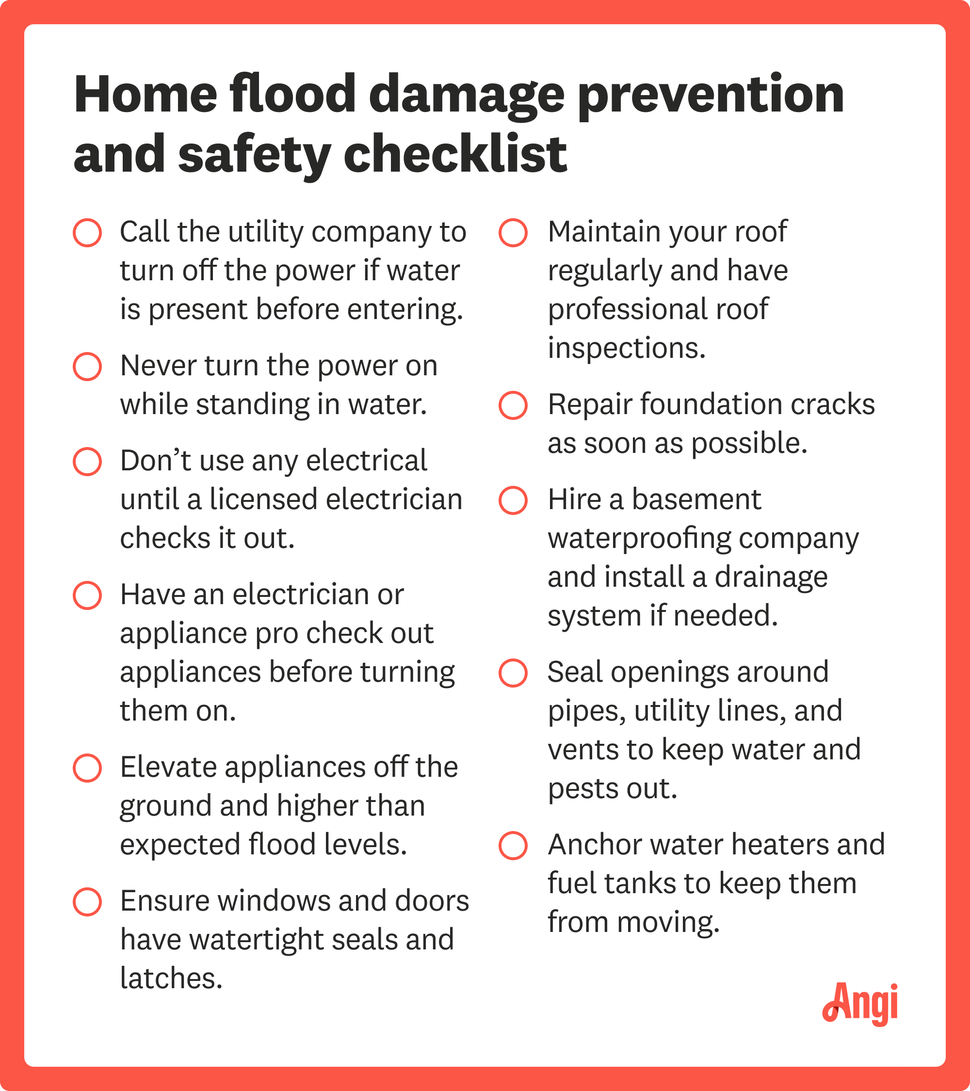 Home flood damage prevention and safety checklist, including repairing foundation cracks as soon as possible