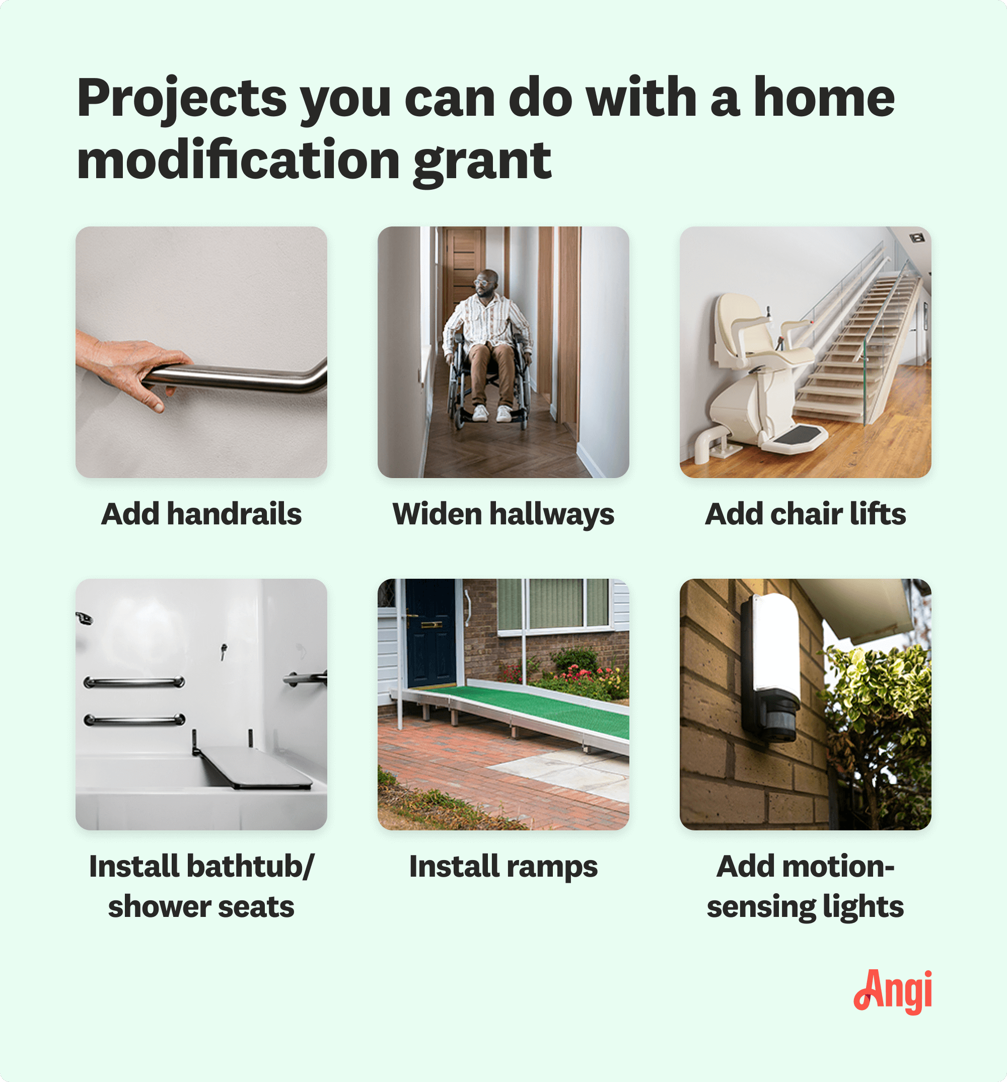  6 home modification grant projects compared visually, including adding handrails, widening hallways, and installing ramps