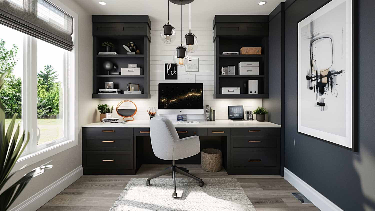 A home office with built-in cabinets