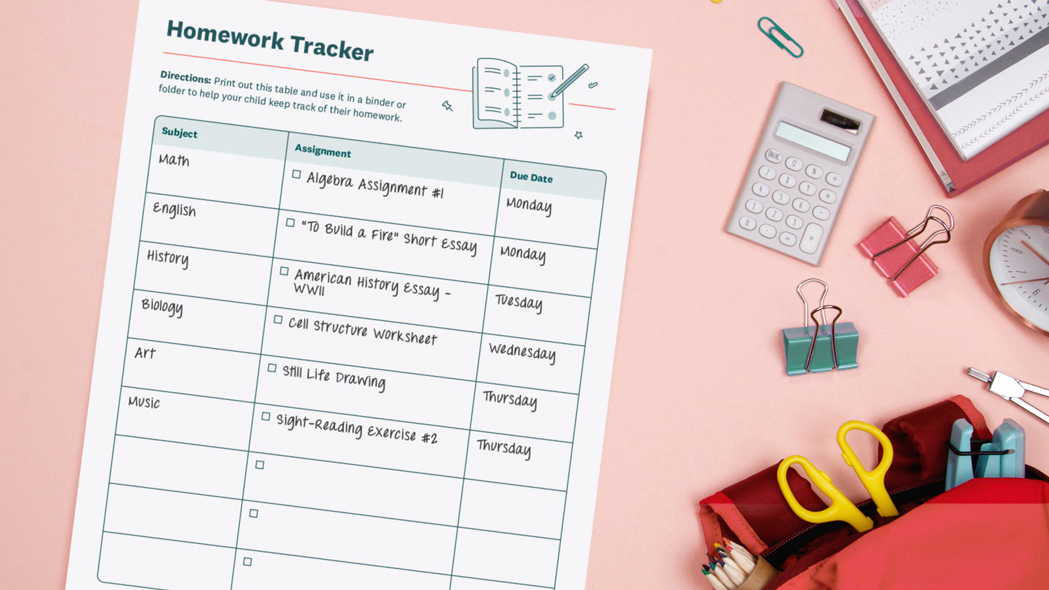 homework tracker mockup