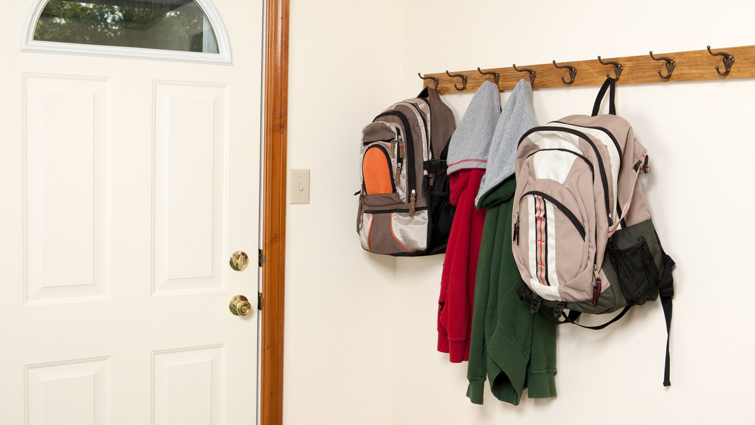 Hooks on a wall for hanging bags and coats