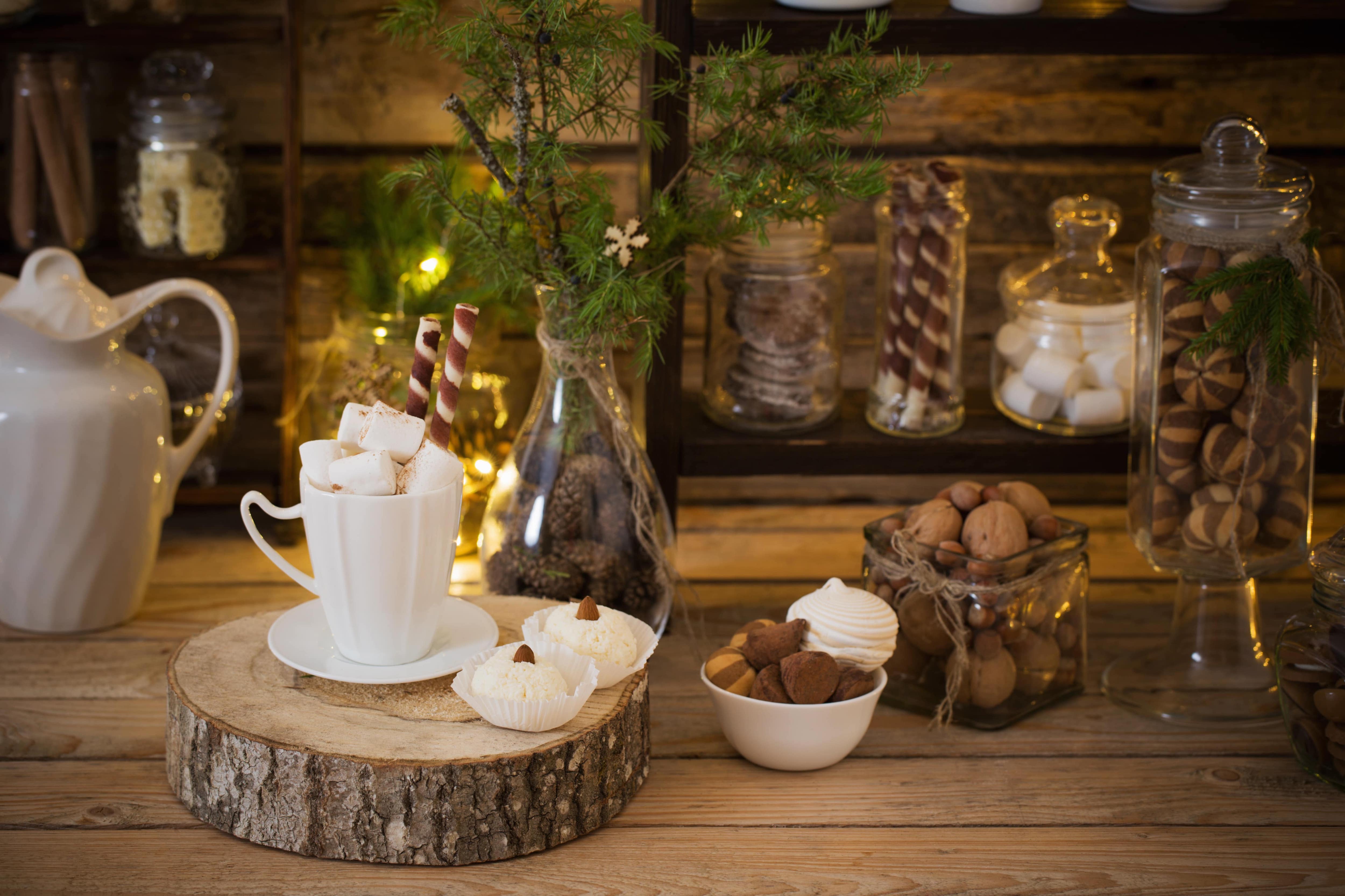 Hot cocoa station with seasonal decorations