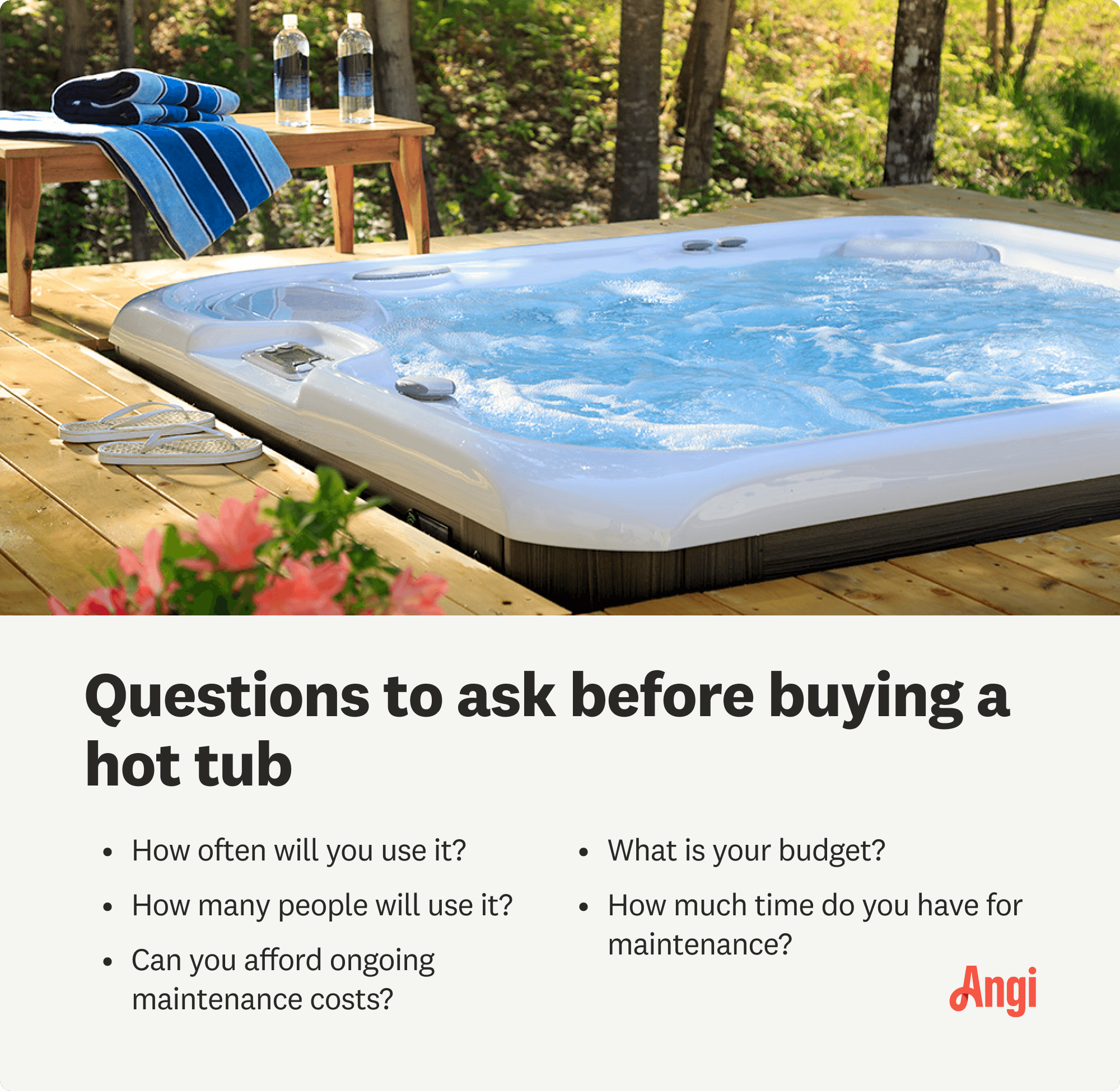 5 questions to ask before buying a hot tub, including how many people will use it and what is your budget