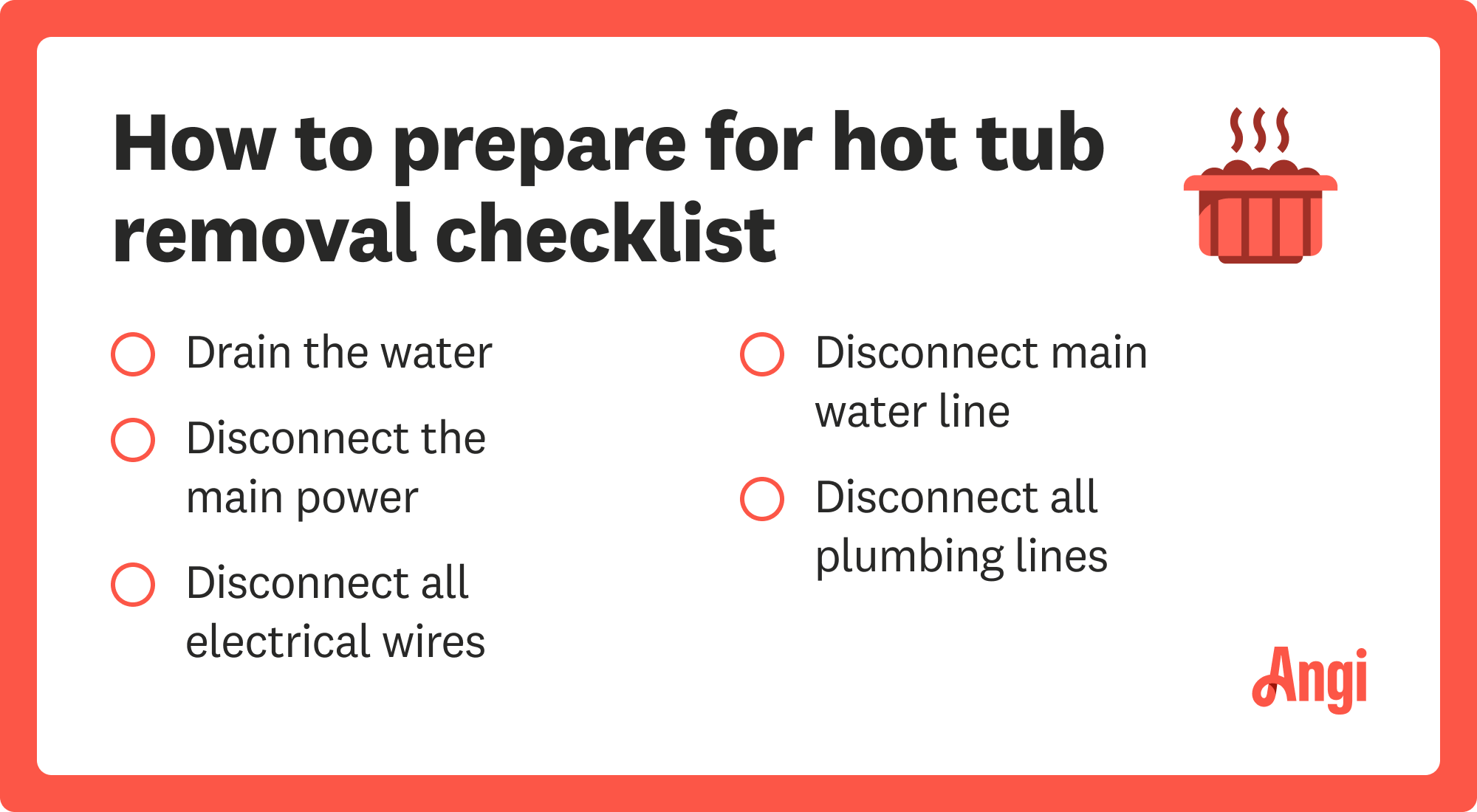 How to prepare for hot tub removal checklist, including draining the water and disconnecting the main power