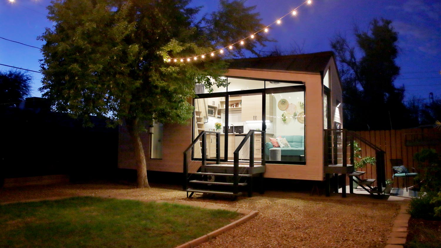 A house’s backyard with string lighting