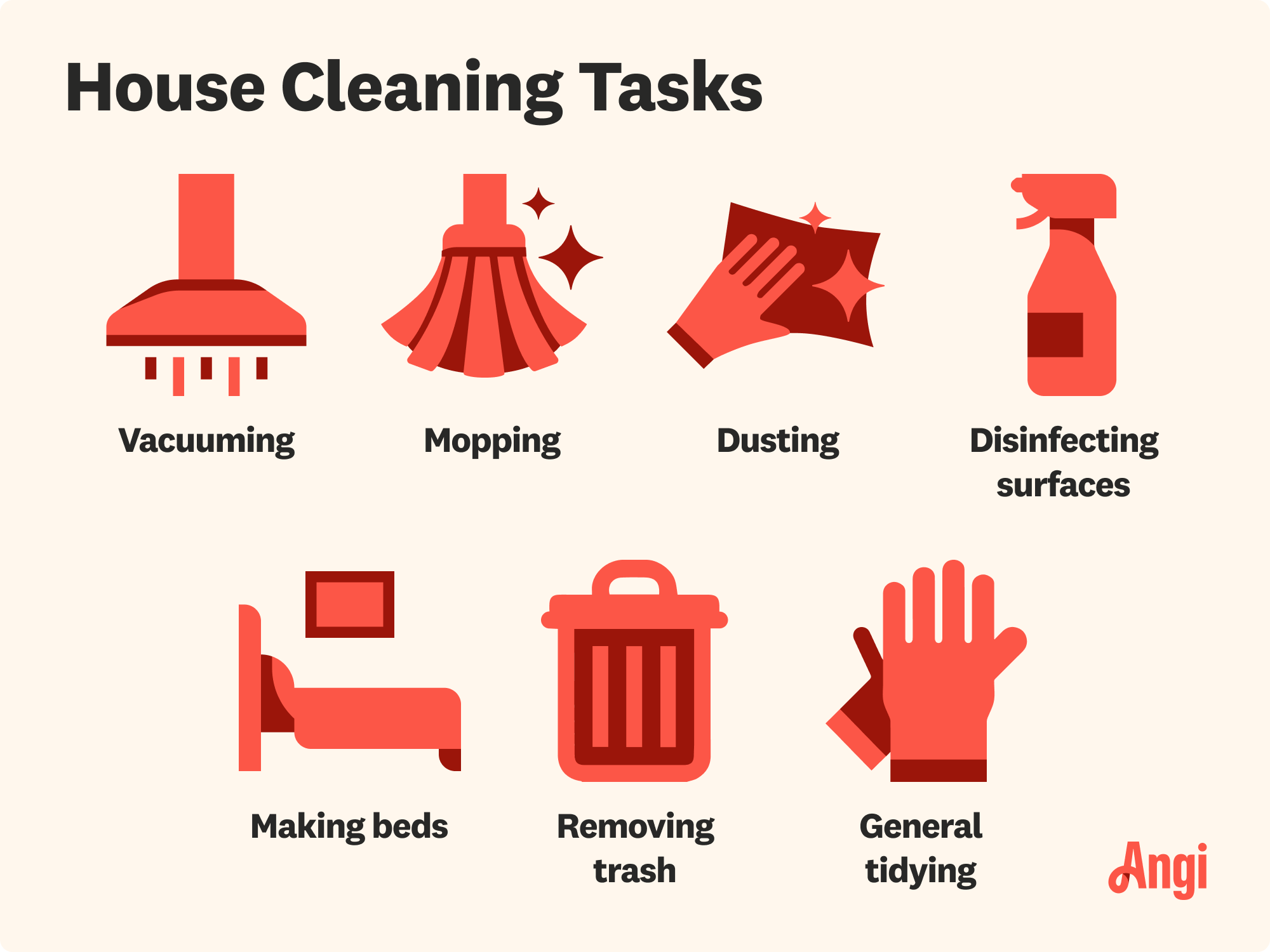 7 house cleaning tasks, including vacuuming, disinfecting surfaces, and removing trash