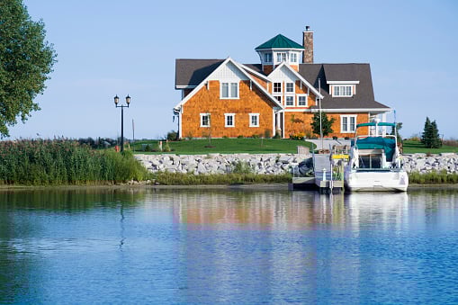 Rip rap installed on a lake house shoreline