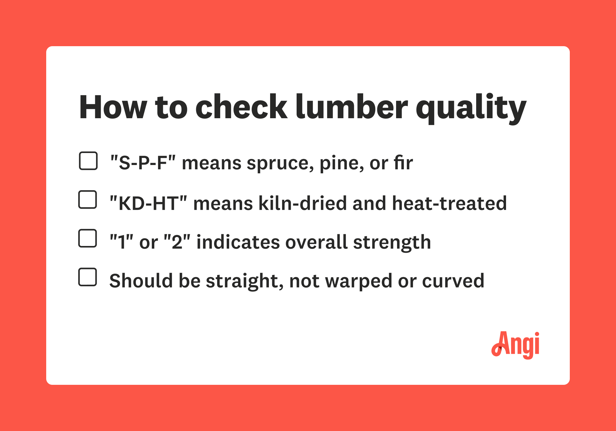 How to check lumber quality, with S-P-F meaning spruce, pine, or fir. Lumber should be straight, not curved.