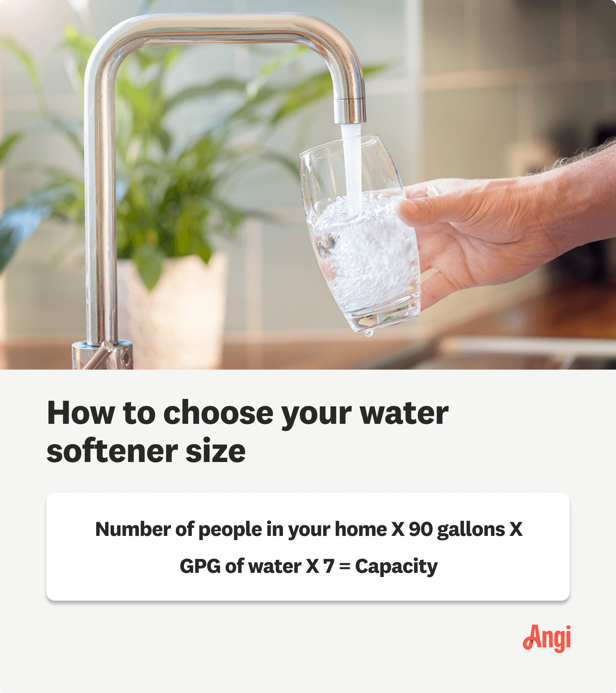 Formula on how to choose your water softener size: Number of people in your home, times 90 gallons, times GPG of your water, times 7, equals capacity